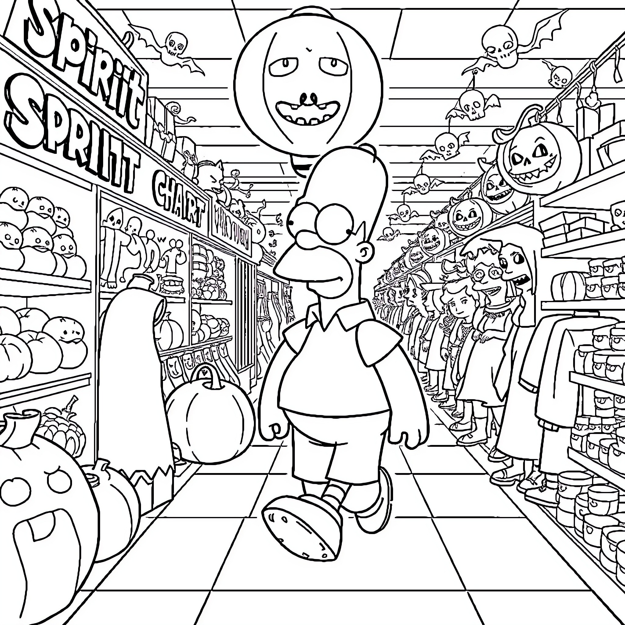 Homer Simpson shopping at a spooky Halloween store Coloring Page (free black-and-white line drawing printable PDF for all, from beginners to advanced learners, including children, teens, adults, and seniors)