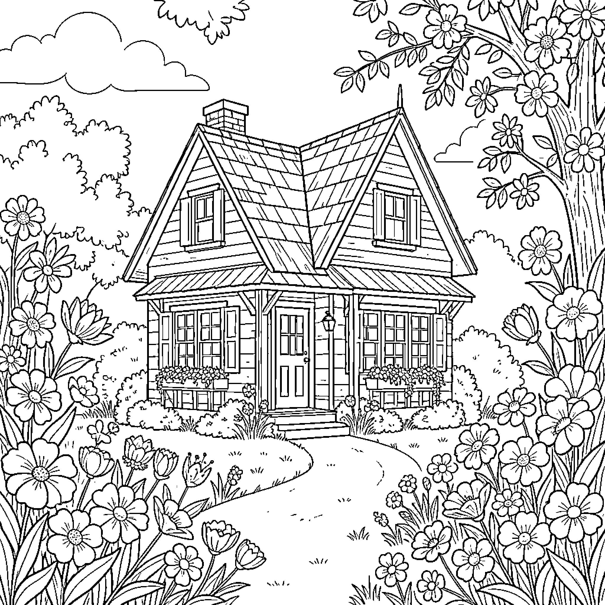 Flower garden blooming around a cozy cottage house Coloring Page (free black-and-white line drawing printable PDF for all, from beginners to advanced learners, including children, teens, adults, and seniors)