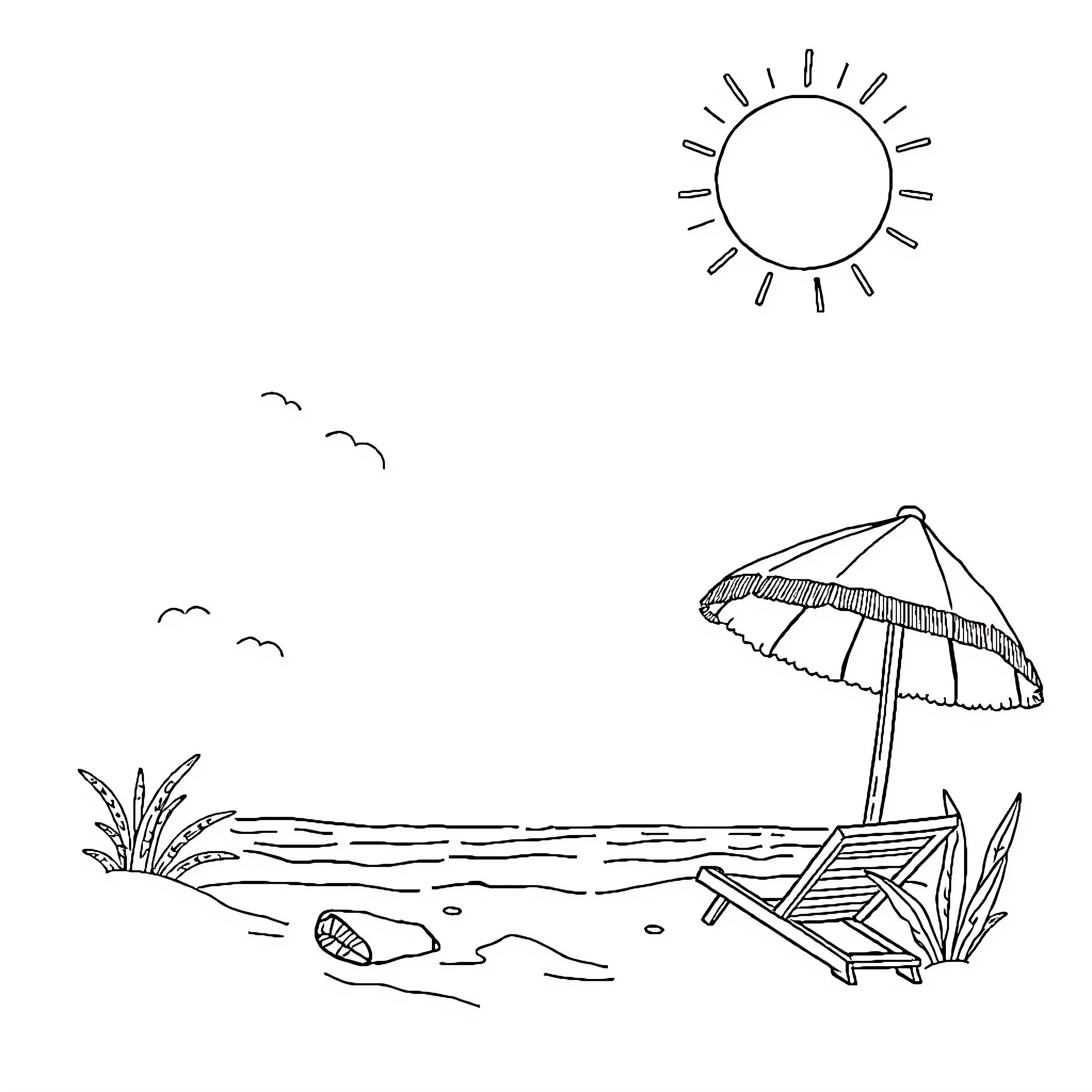 Summer scene with beach chair and umbrella Coloring Page (free black-and-white line drawing printable PDF for all, from beginners to advanced learners, including children, teens, adults, and seniors)