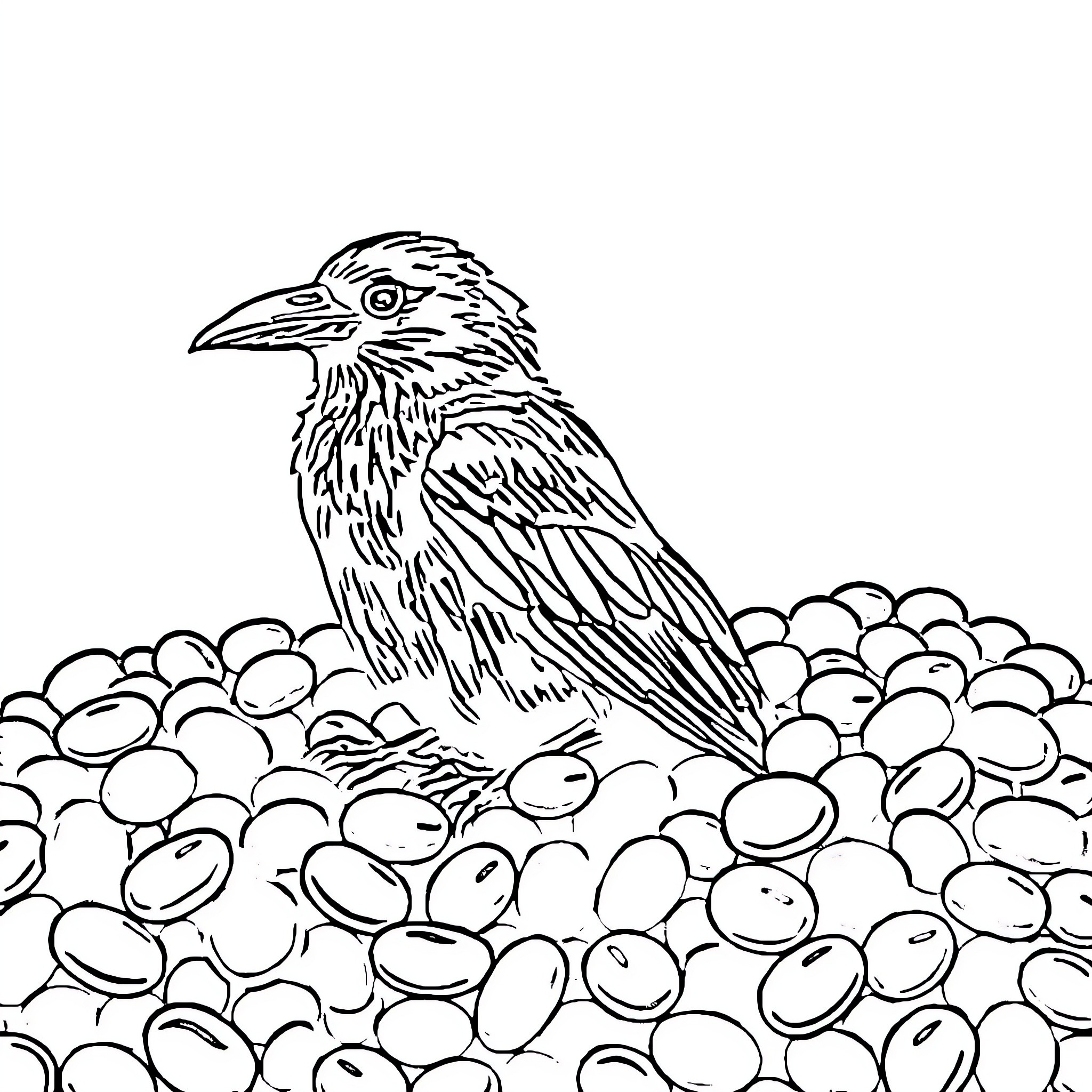 Raven perched on a pile of stones Coloring Page (free black-and-white line drawing printable PDF for all, from beginners to advanced learners, including children, teens, adults, and seniors)