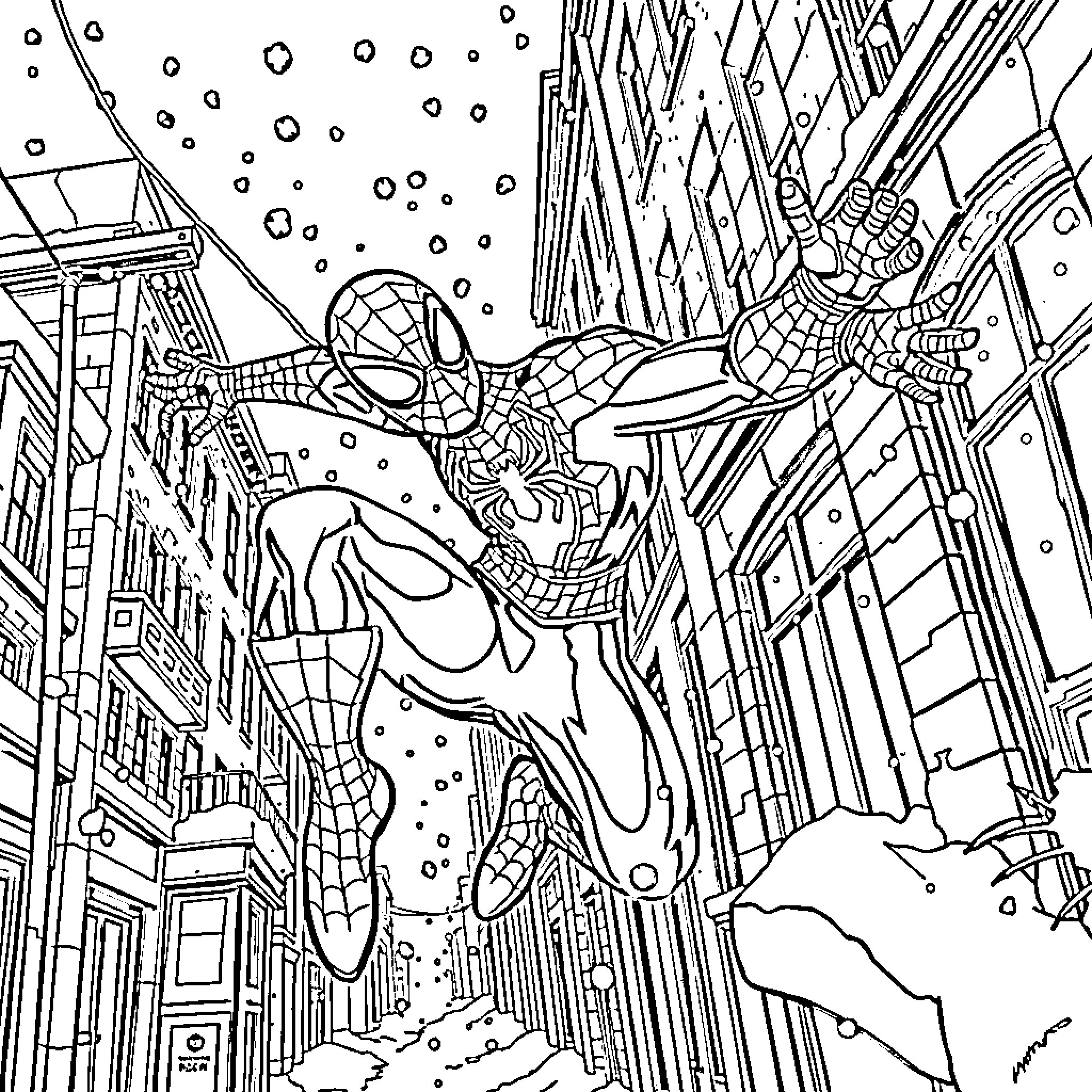 Spider-Man swinging through snowy city streets Coloring Page (free black-and-white line drawing printable PDF for all, from beginners to advanced learners, including children, teens, adults, and seniors)