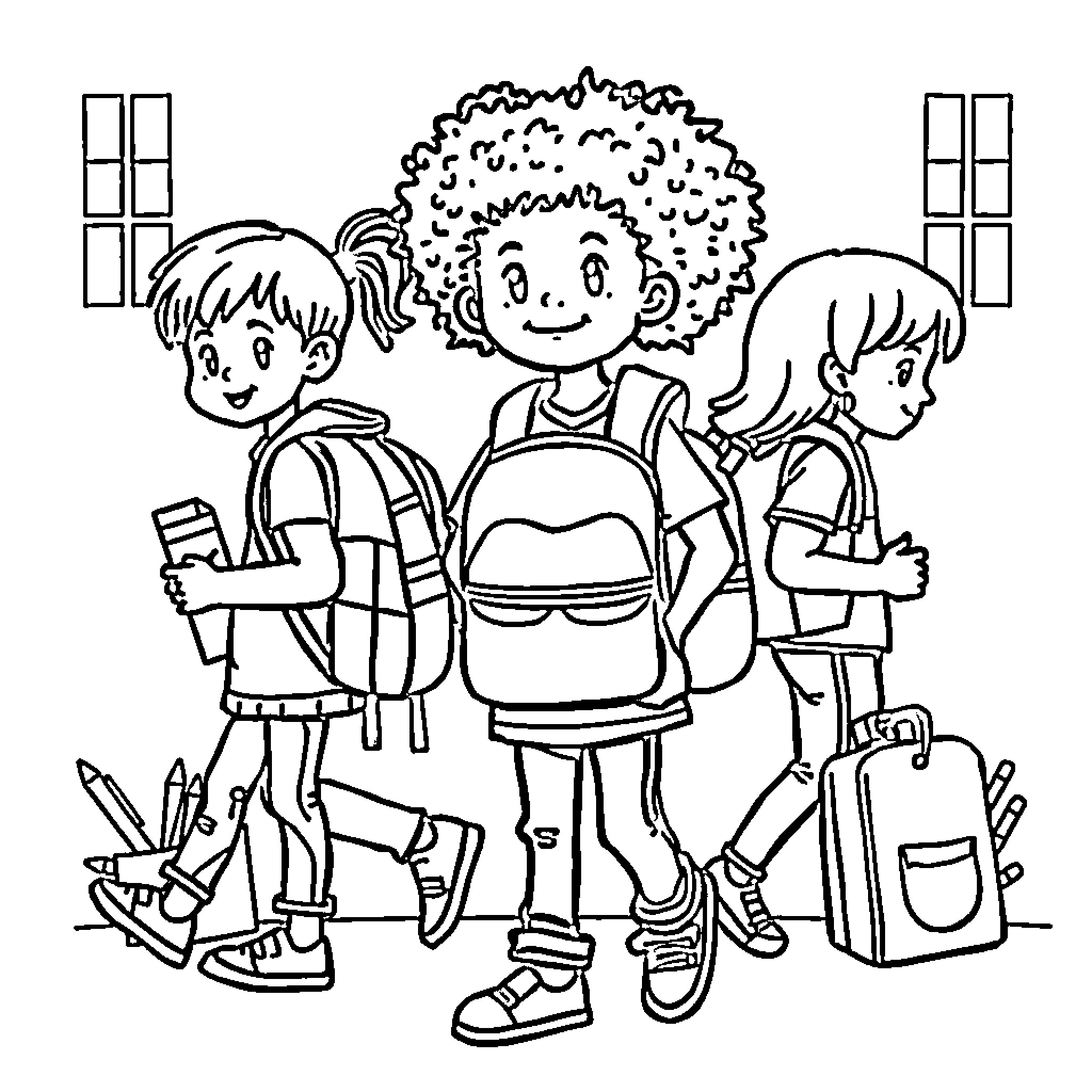 School friends ready for adventure Coloring Page (free black-and-white line drawing printable PDF for all, from beginners to advanced learners, including children, teens, adults, and seniors)
