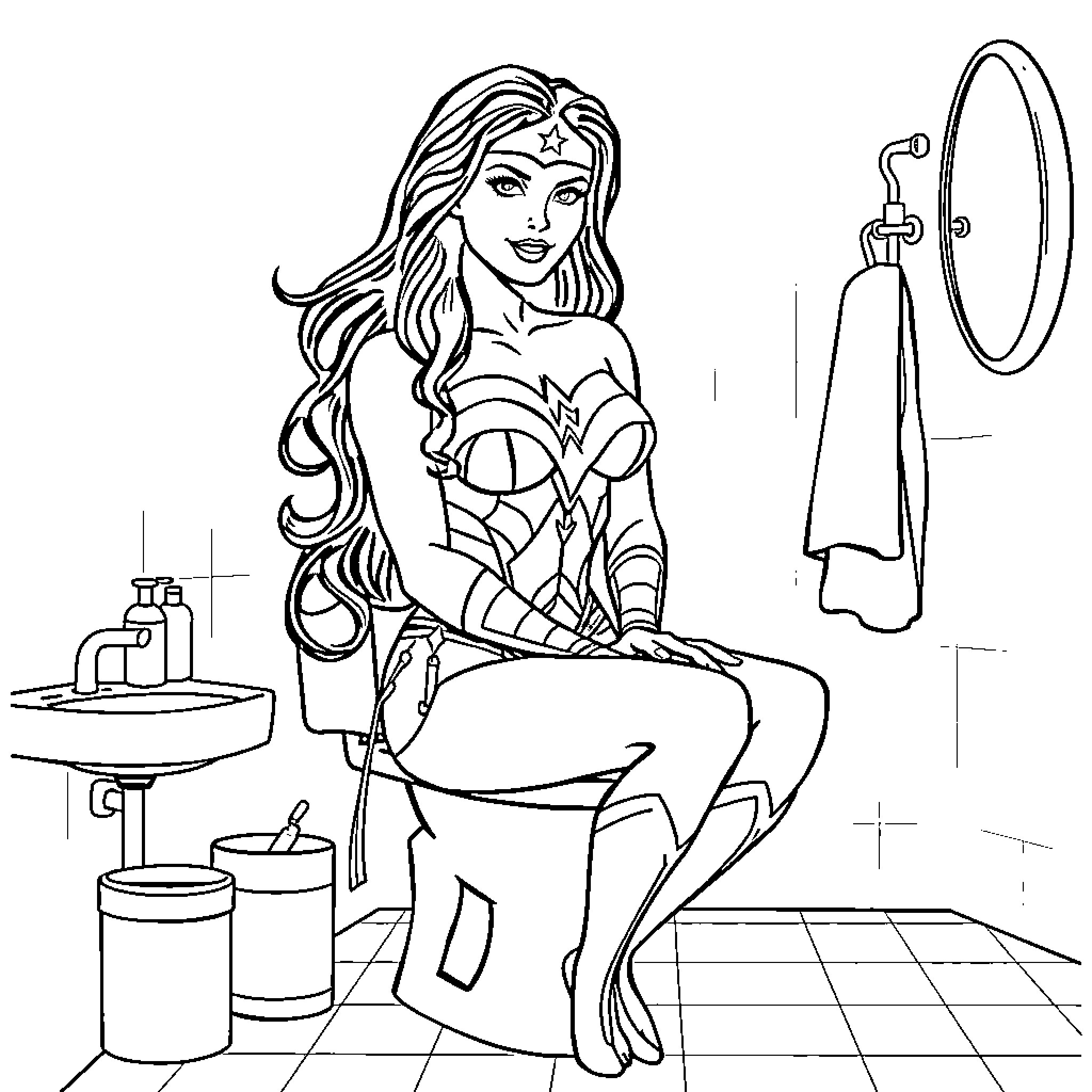 Wonder Woman Enjoying a Relaxing Bath Coloring Page (free black-and-white line drawing printable PDF for all, from beginners to advanced learners, including children, teens, adults, and seniors)