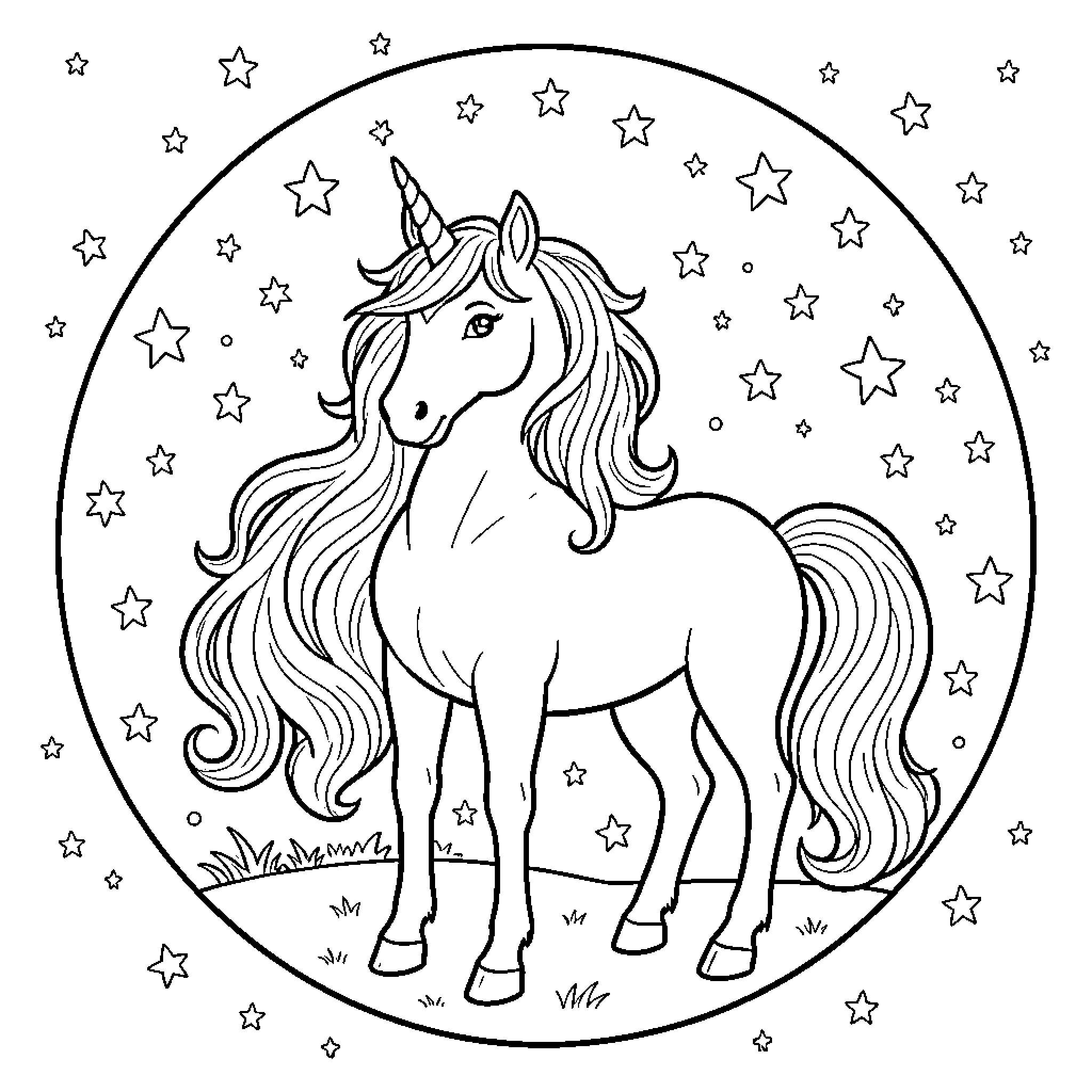 Unicorn dreaming among the stars Coloring Page (free black-and-white line drawing printable PDF for all, from beginners to advanced learners, including children, teens, adults, and seniors)