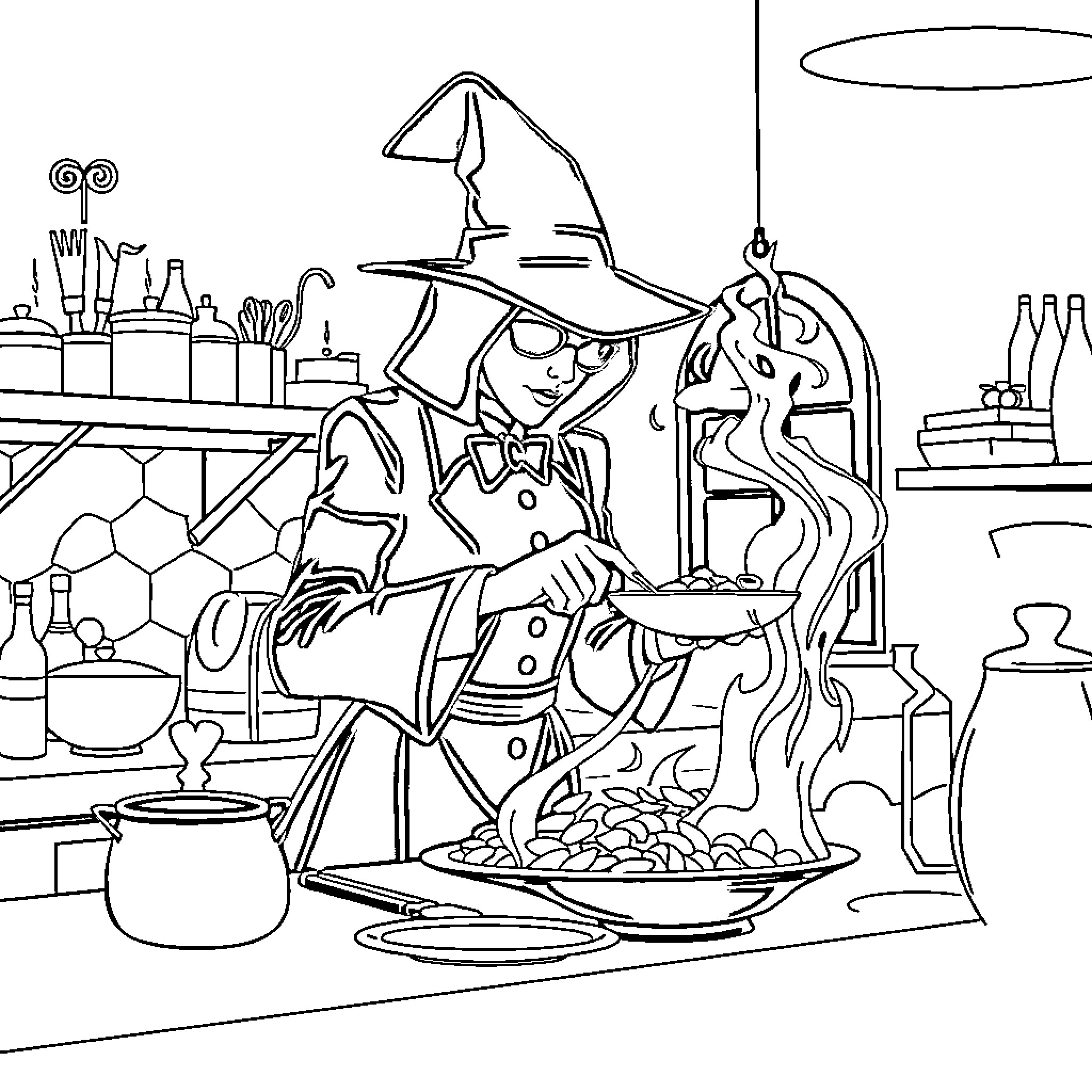 Secret Agent Mixing Potent Brew in Mysterious Lab Coloring Page (free black-and-white line drawing printable PDF for all, from beginners to advanced learners, including children, teens, adults, and seniors)