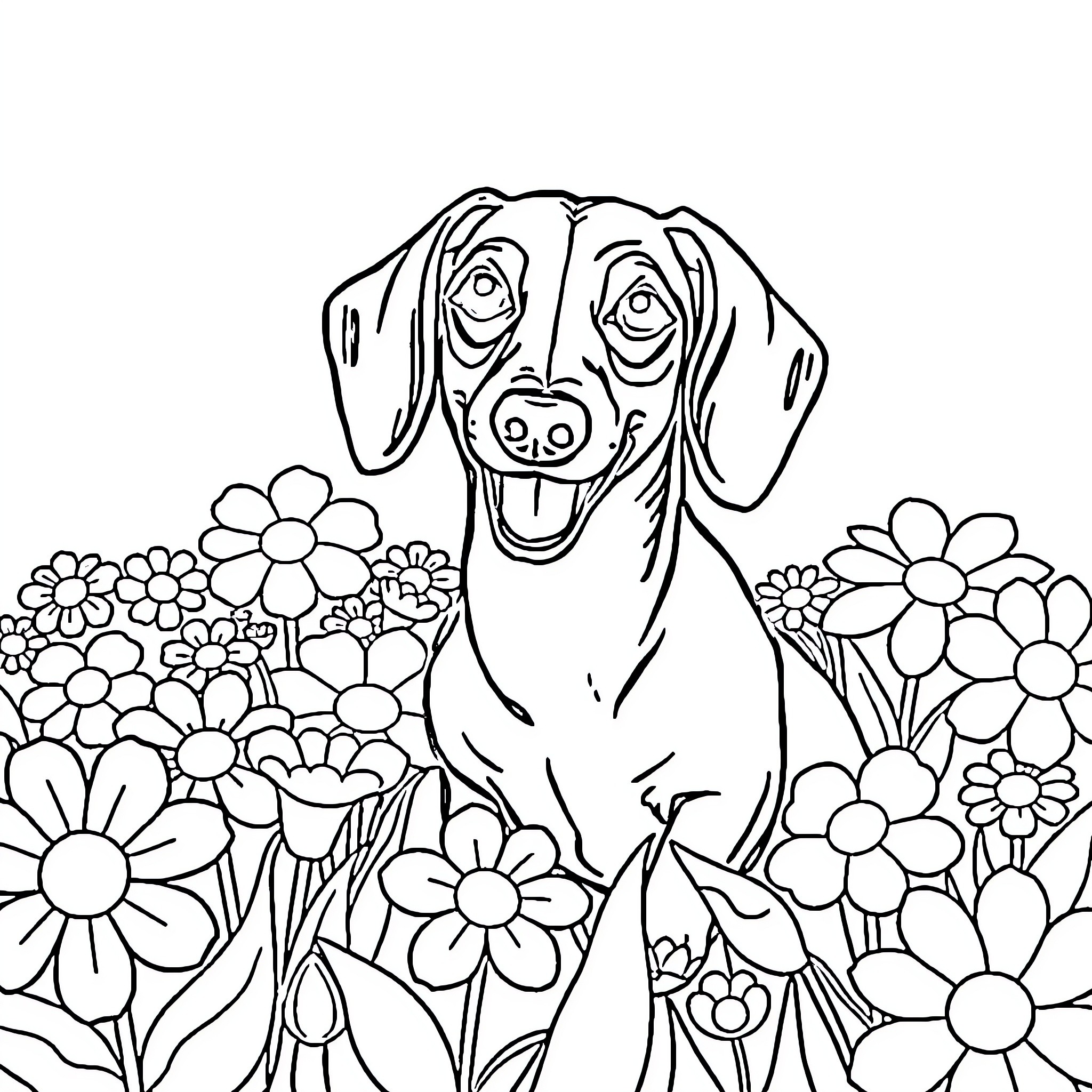 Dachshund frolicking among vibrant flowers Coloring Page (free black-and-white line drawing printable PDF for all, from beginners to advanced learners, including children, teens, adults, and seniors)