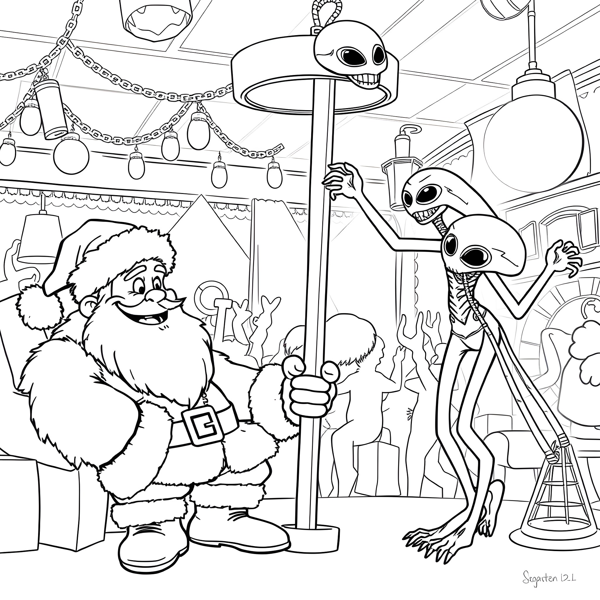 Santa and Peculiar Creatures in Holiday Decor Coloring Page (free black-and-white line drawing printable PDF for all, from beginners to advanced learners, including children, teens, adults, and seniors)