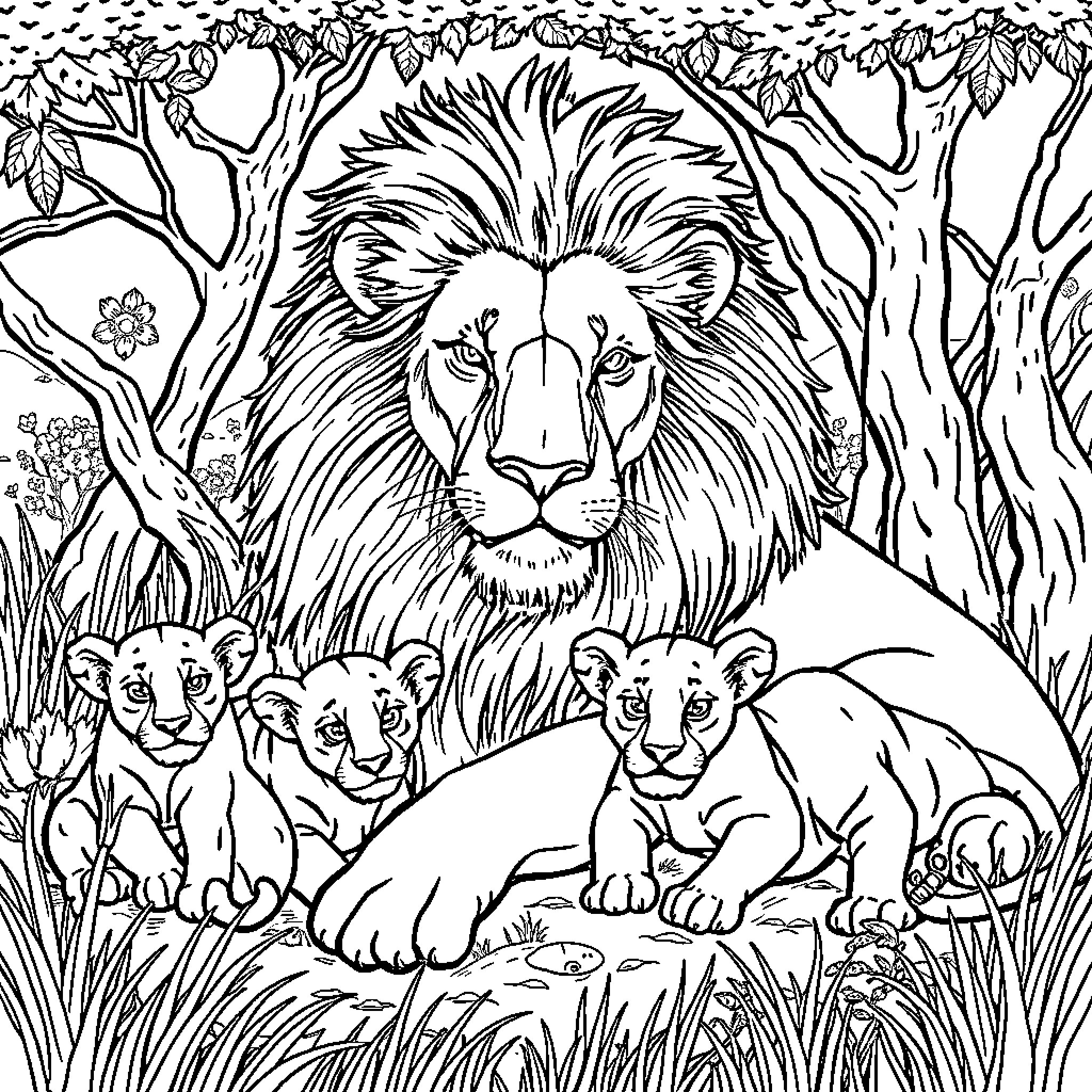 Lion family in the wild jungle Coloring Page (free black-and-white line drawing printable PDF for all, from beginners to advanced learners, including children, teens, adults, and seniors)