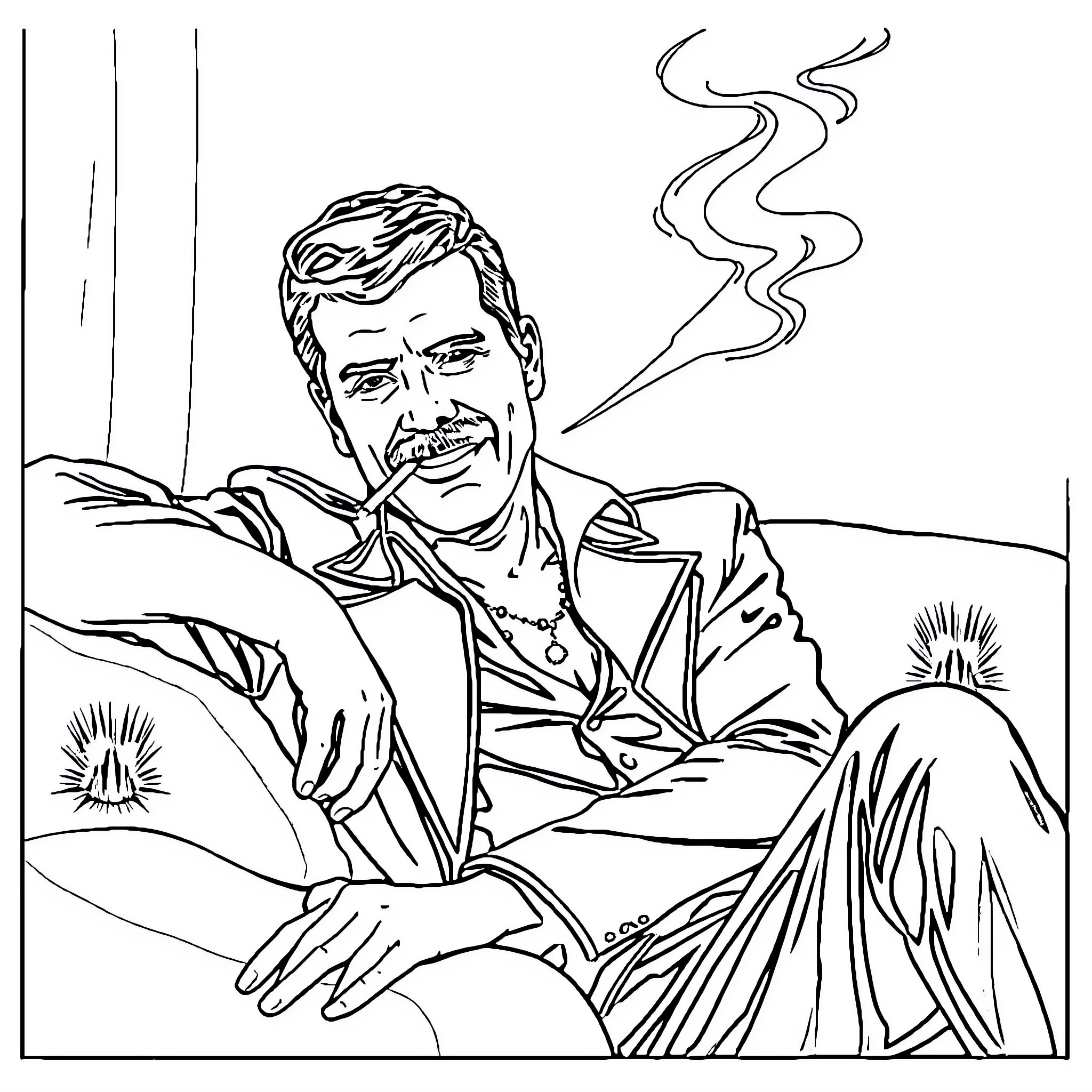 Freddie Mercury relaxing with a cigar Coloring Page (free black-and-white line drawing printable PDF for all, from beginners to advanced learners, including children, teens, adults, and seniors)