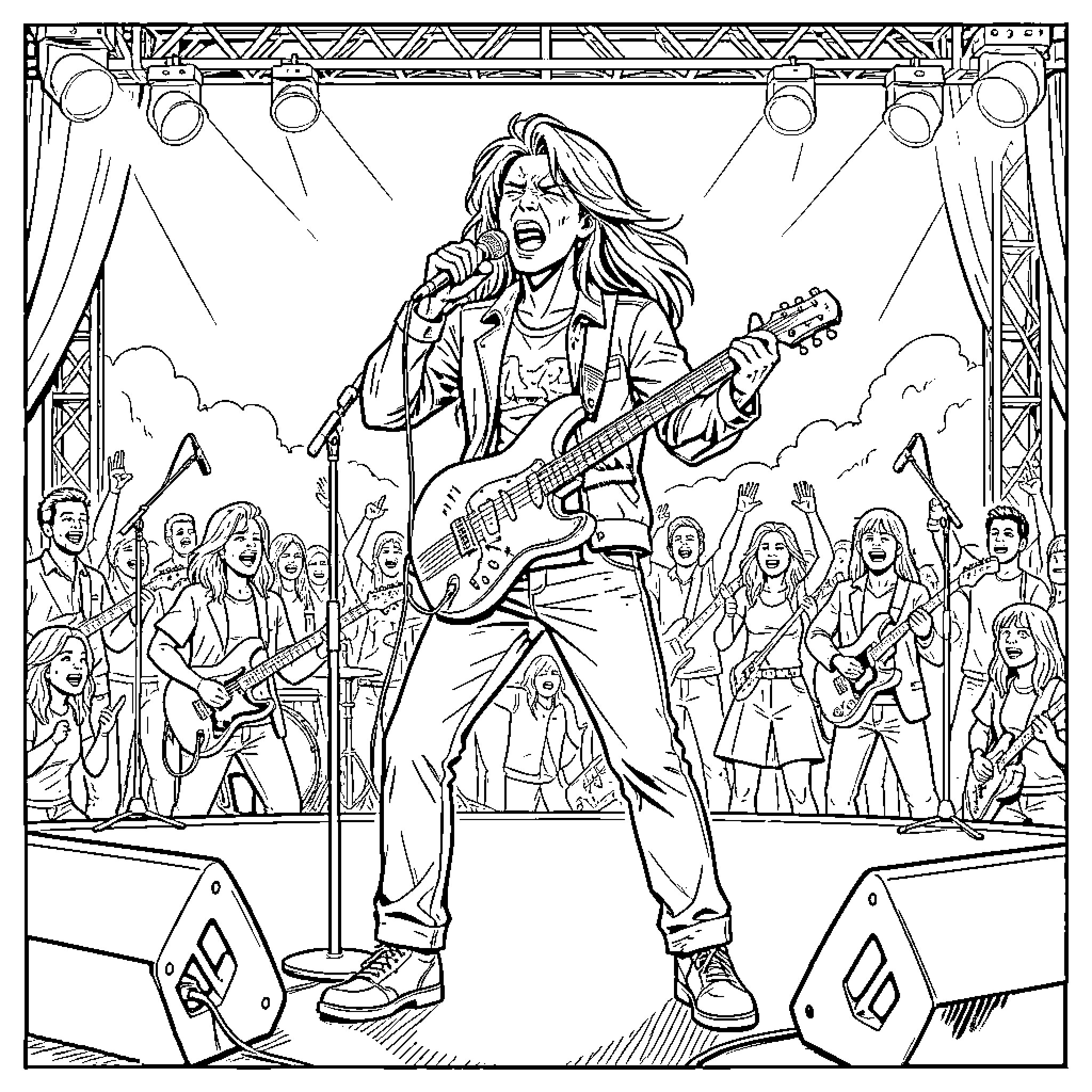 Alex Warren singing passionately while playing electric guitar Coloring Page (free black-and-white line drawing printable PDF for all, from beginners to advanced learners, including children, teens, adults, and seniors)