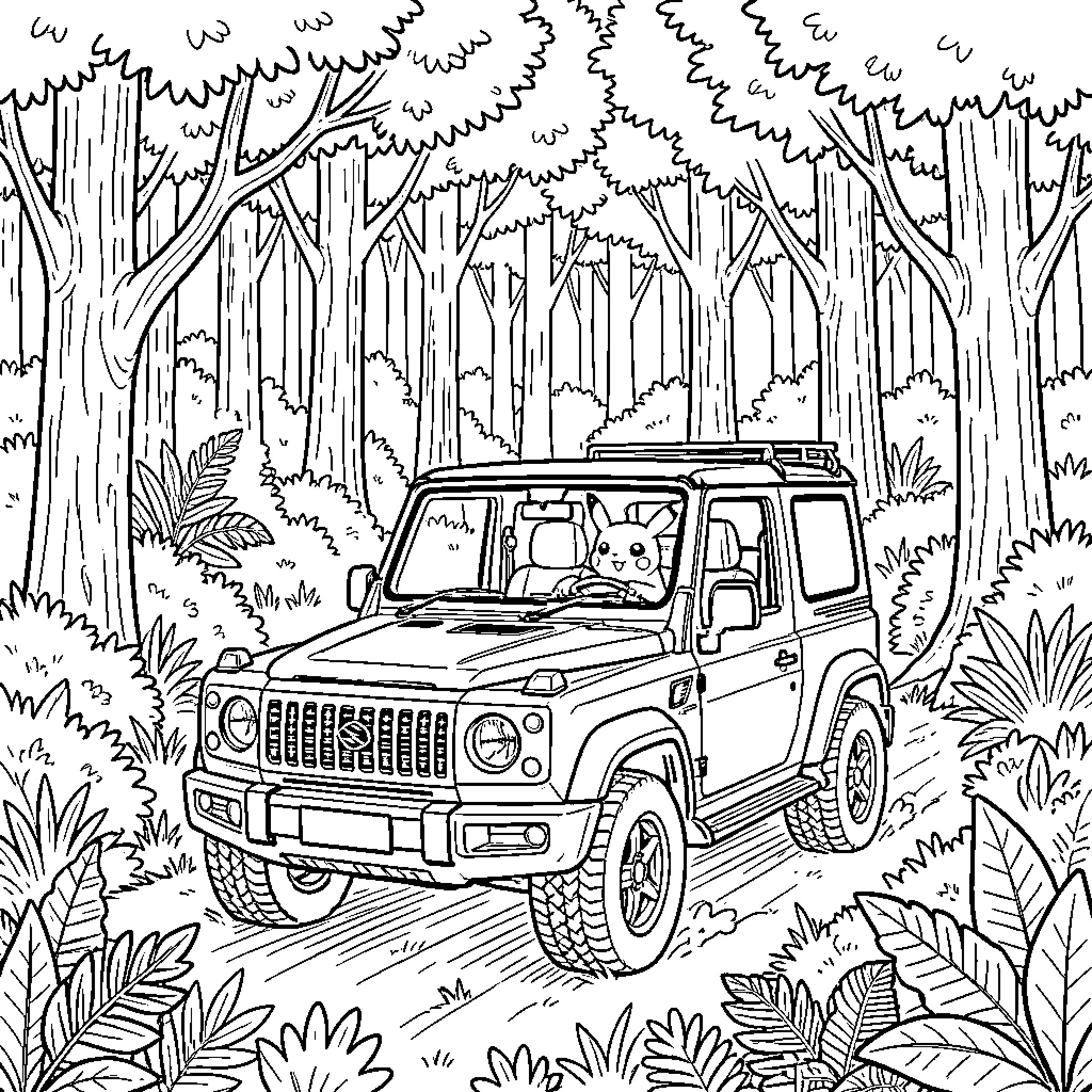 Pikachu driving a jeep through a lush forest Coloring Page (free black-and-white line drawing printable PDF for all, from beginners to advanced learners, including children, teens, adults, and seniors)