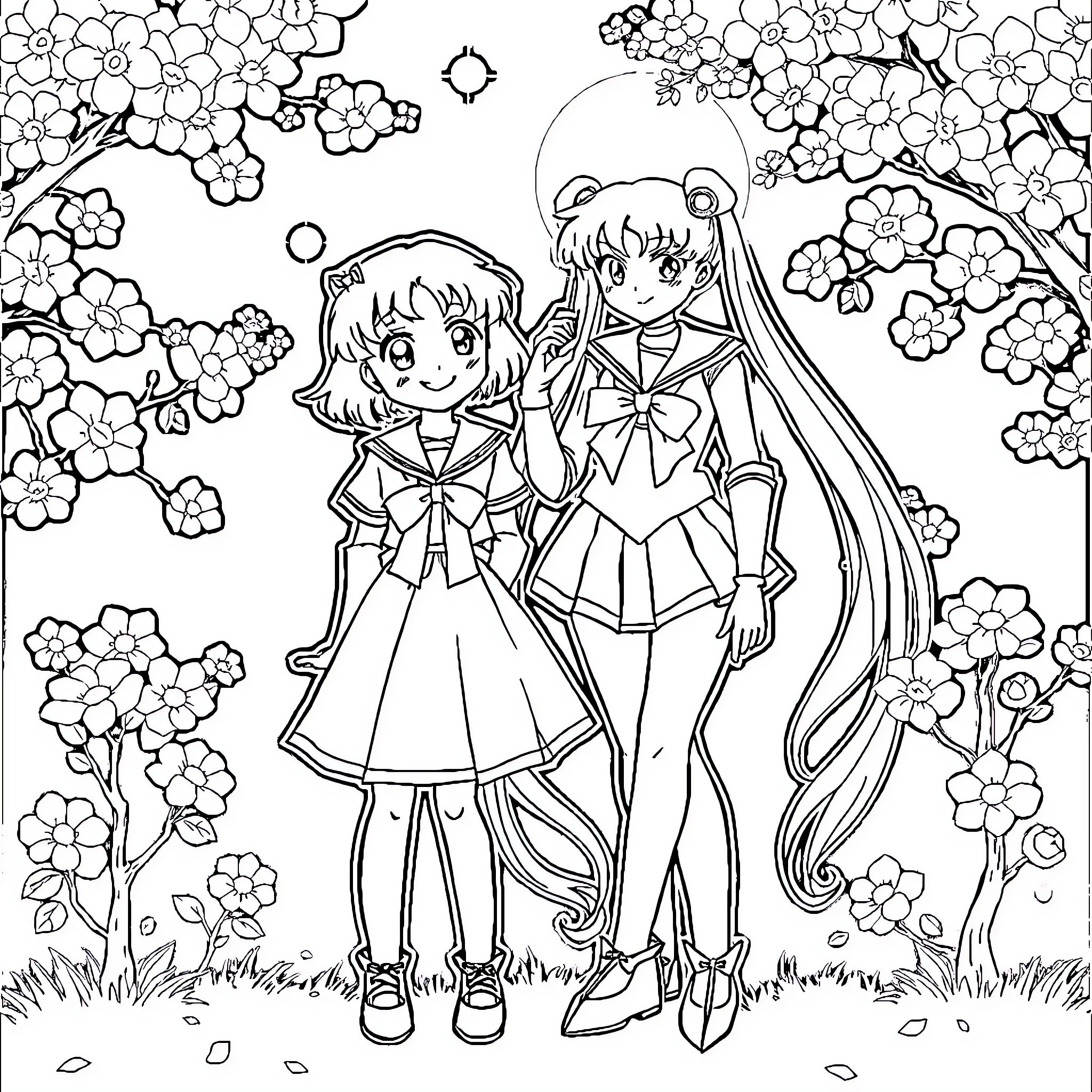 Sakura Sailor-Suited Girls in Floral Garden Coloring Page (free black-and-white line drawing printable PDF for all, from beginners to advanced learners, including children, teens, adults, and seniors)