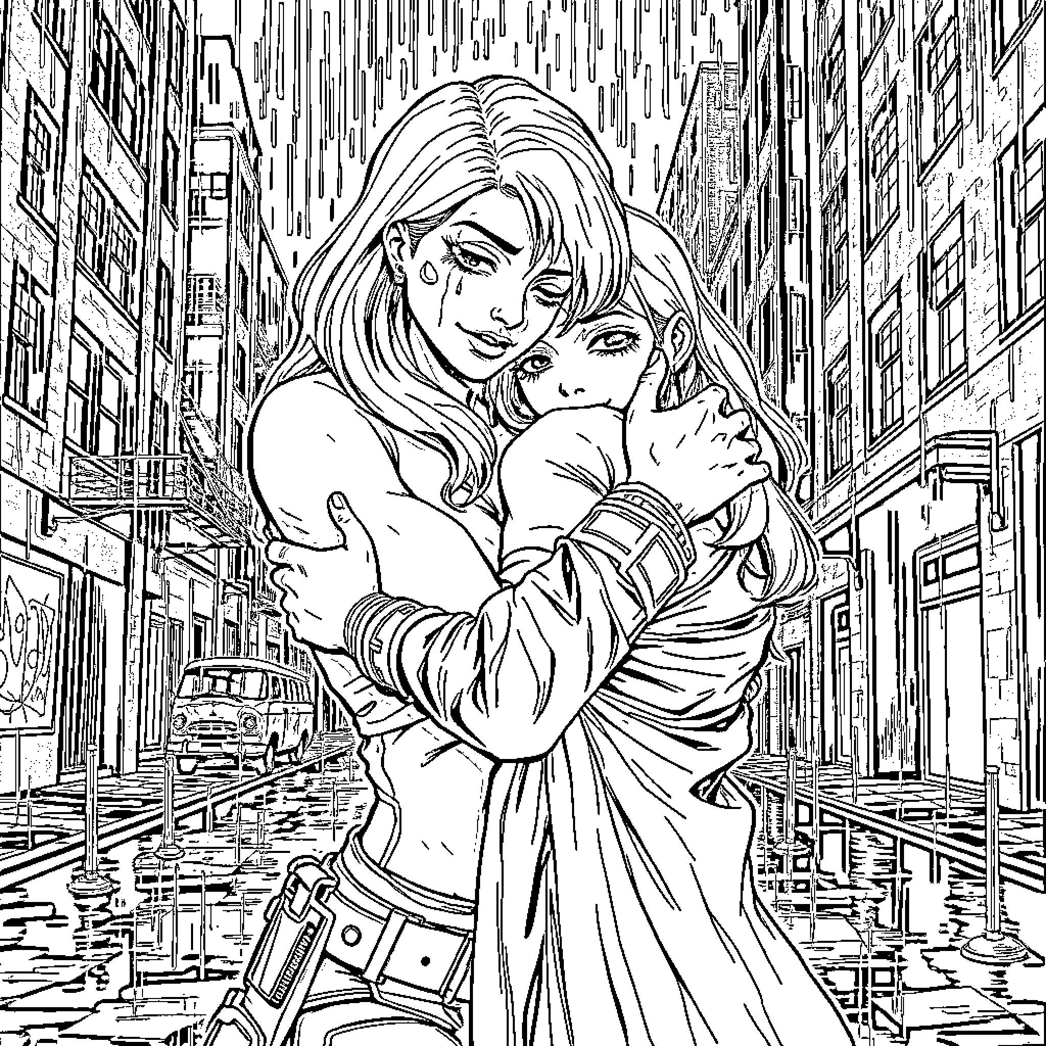 Vigilant embrace on a rainy city street Coloring Page (free black-and-white line drawing printable PDF for all, from beginners to advanced learners, including children, teens, adults, and seniors)