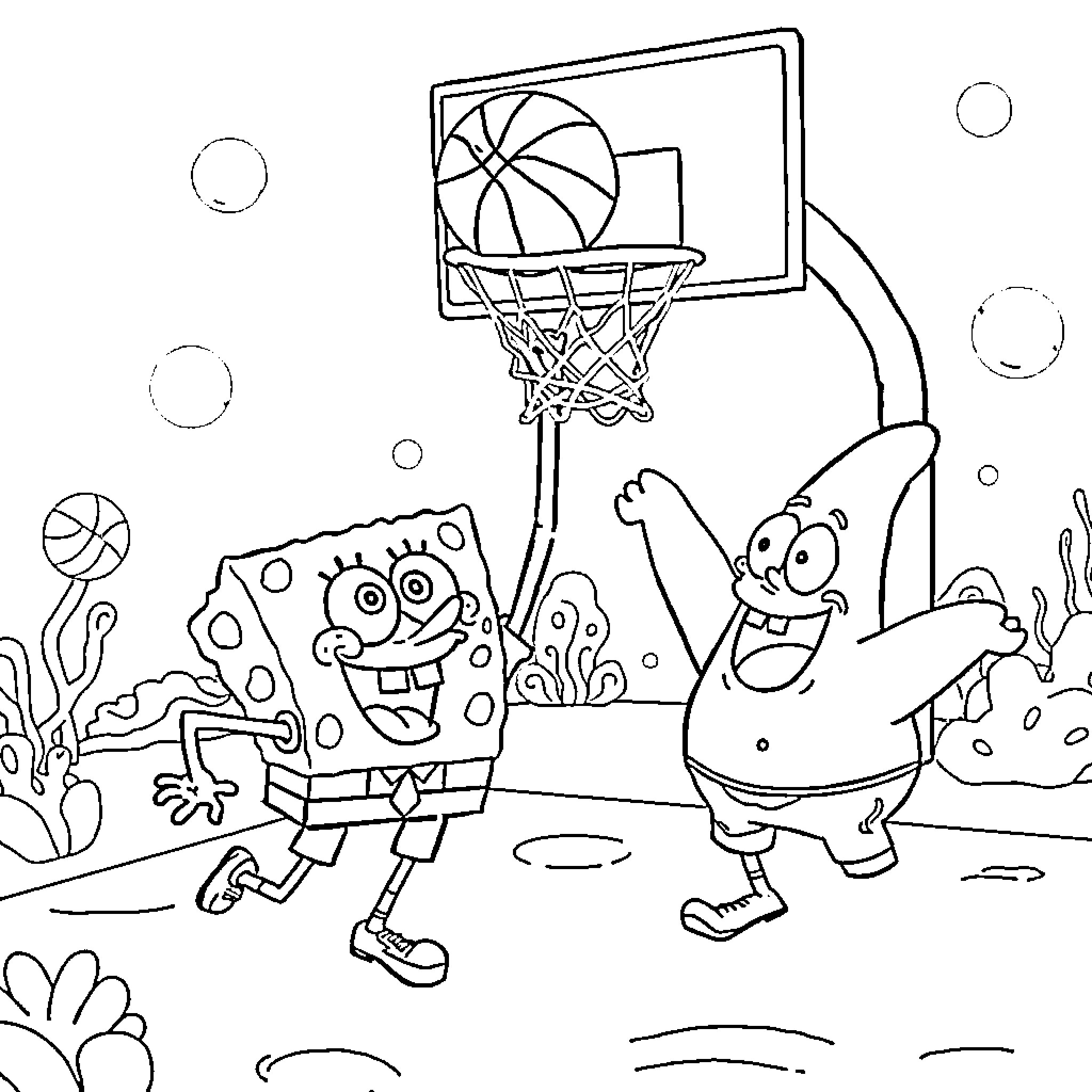 Spongebob and friends playing basketball underwater Coloring Page (free black-and-white line drawing printable PDF for all, from beginners to advanced learners, including children, teens, adults, and seniors)