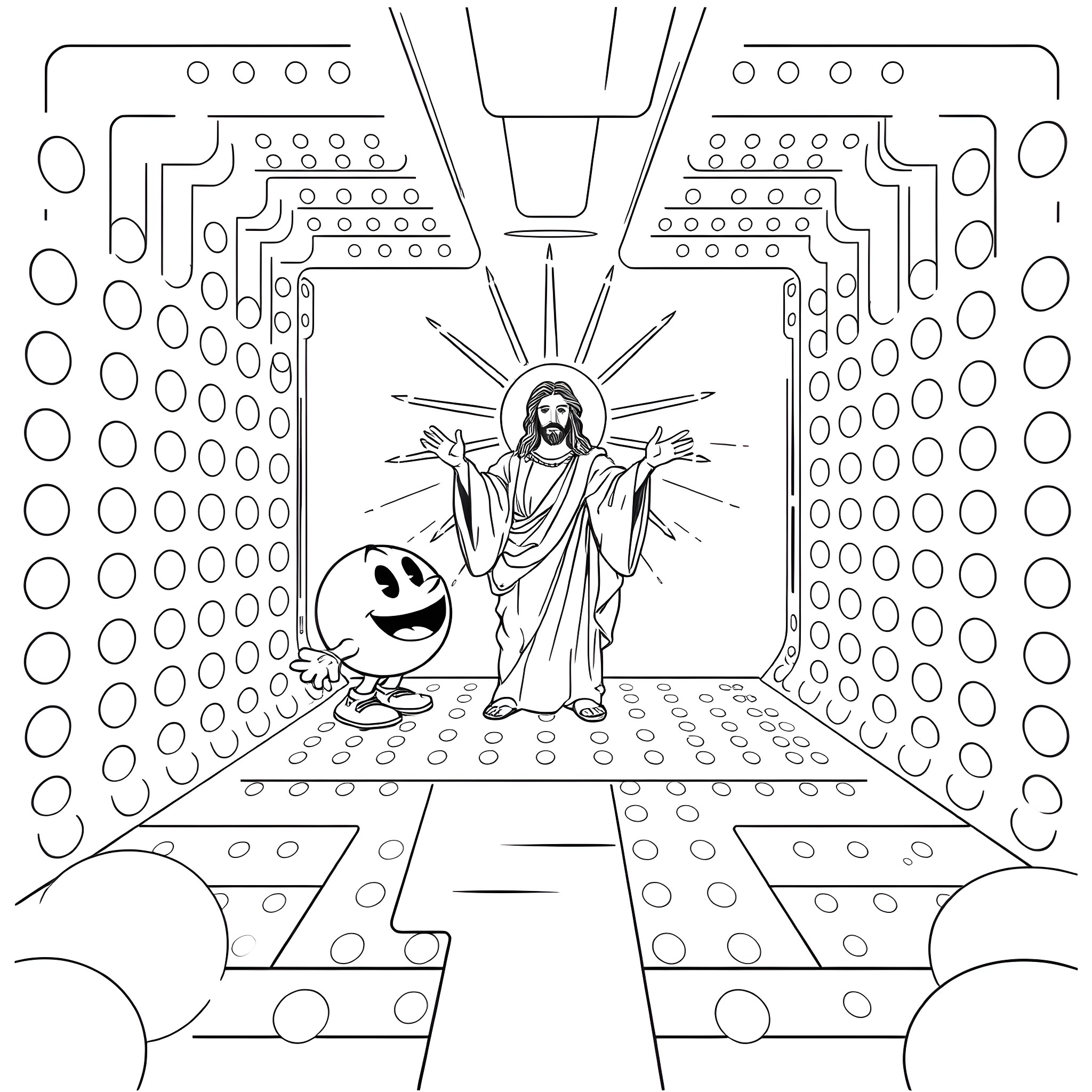 Pac-Man meets the Resurrected Jesus Coloring Page (free black-and-white line drawing printable PDF for all, from beginners to advanced learners, including children, teens, adults, and seniors)