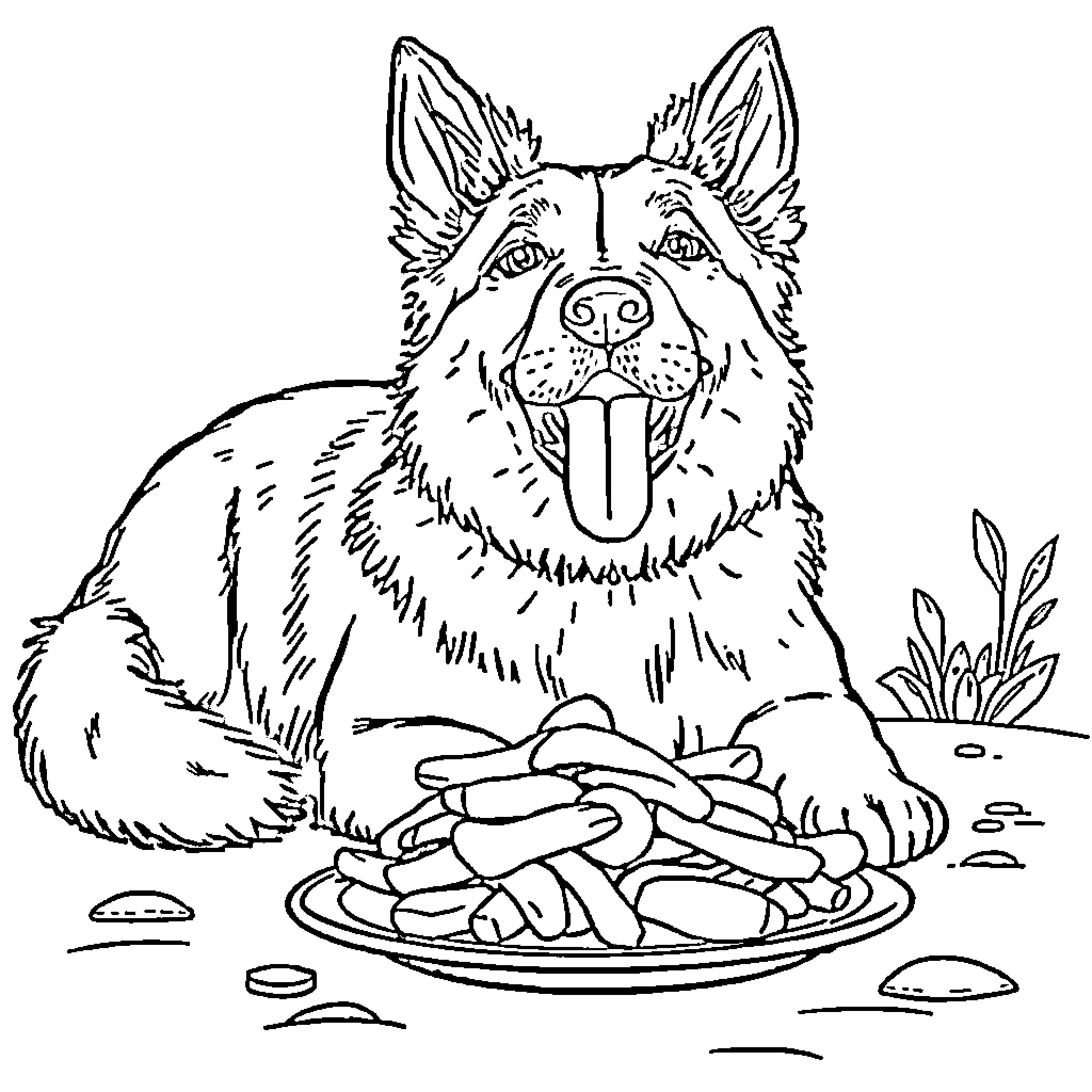Perro enjoying a tasty meal outdoors Coloring Page (free black-and-white line drawing printable PDF for all, from beginners to advanced learners, including children, teens, adults, and seniors)