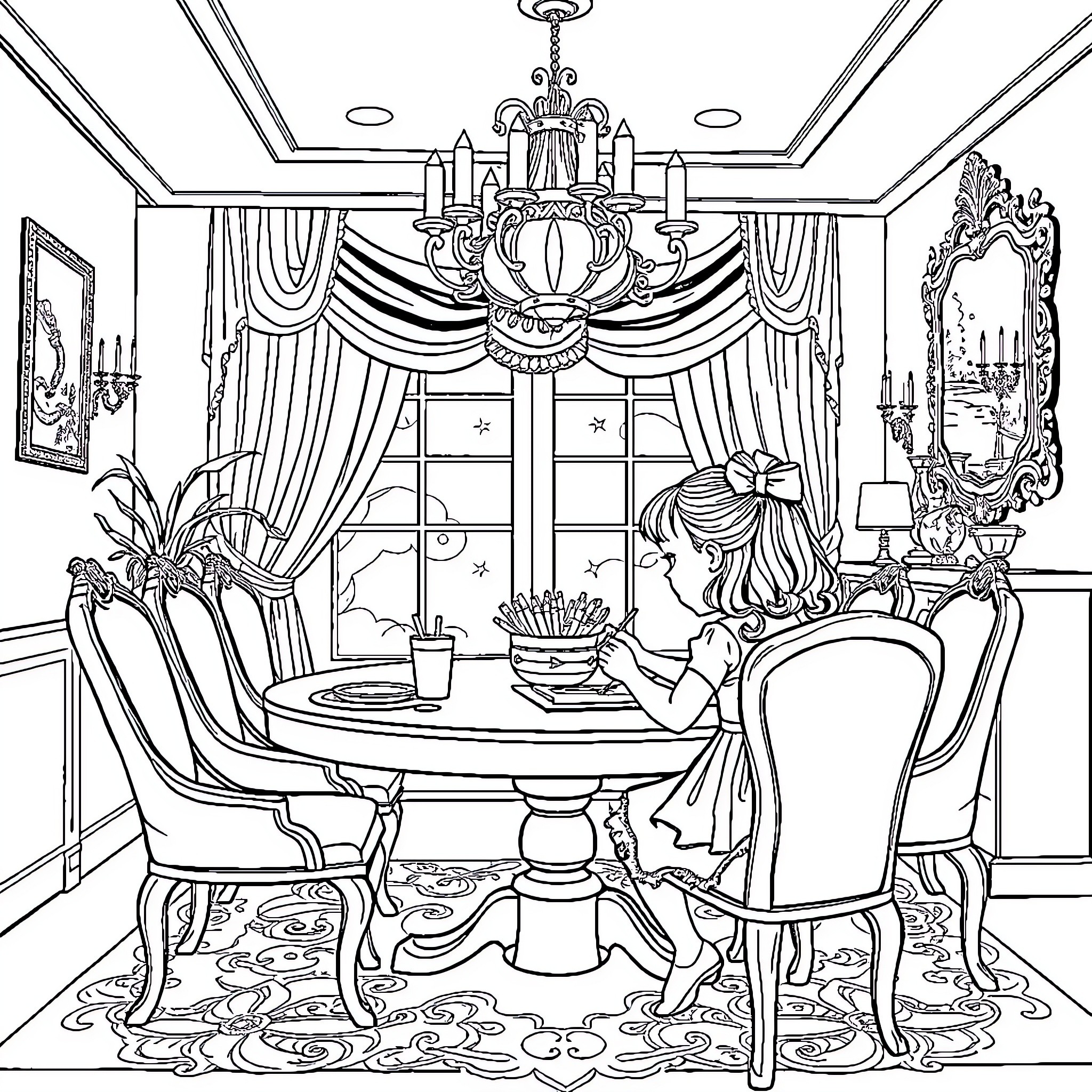 Girl enjoying a fancy dining room scene Coloring Page (free black-and-white line drawing printable PDF for all, from beginners to advanced learners, including children, teens, adults, and seniors)