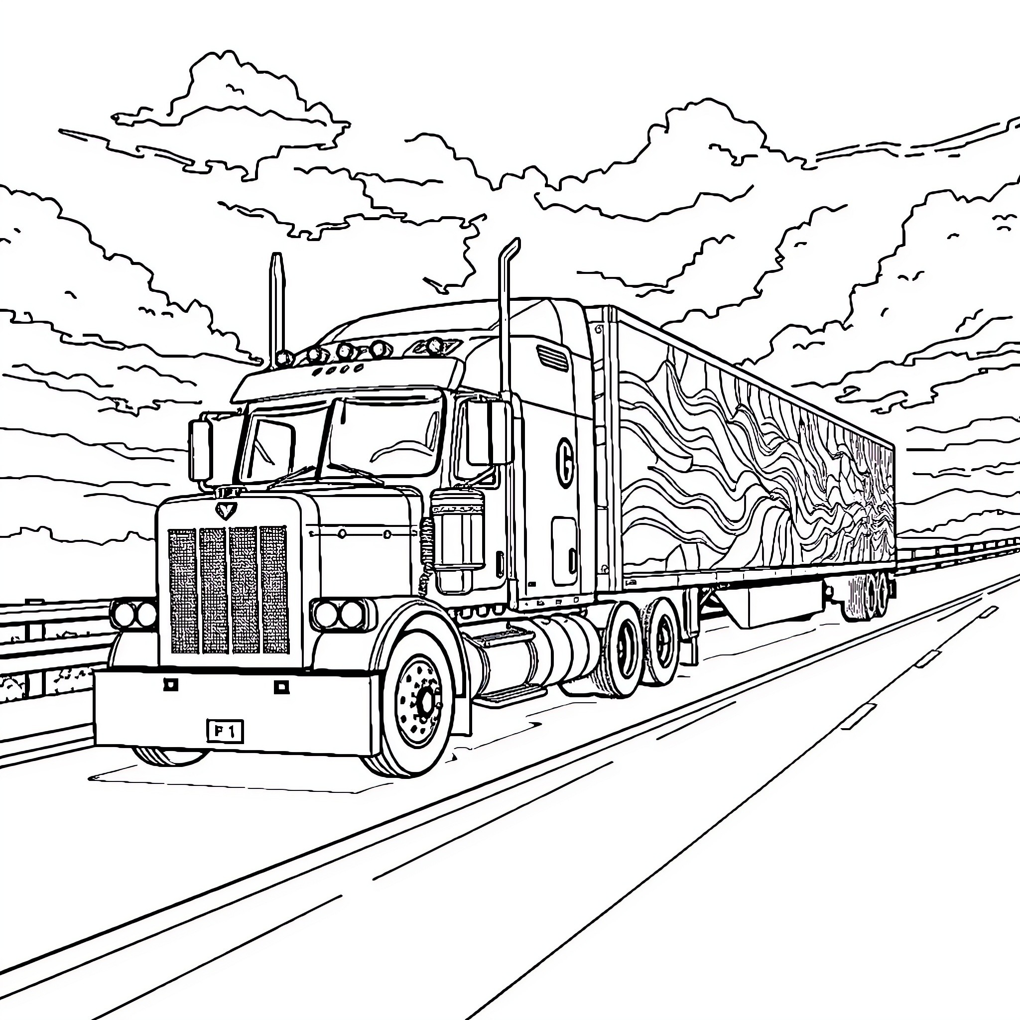 Truck driving on highway with cloudy sky Coloring Page (free black-and-white line drawing printable PDF for all, from beginners to advanced learners, including children, teens, adults, and seniors)