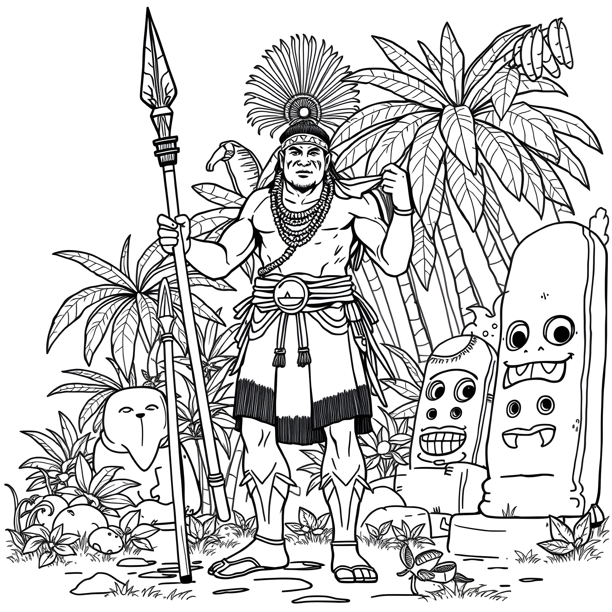 Tongan Warrior Wielding Spear Amidst Tropical Foliage Coloring Page (free black-and-white line drawing printable PDF for all, from beginners to advanced learners, including children, teens, adults, and seniors)