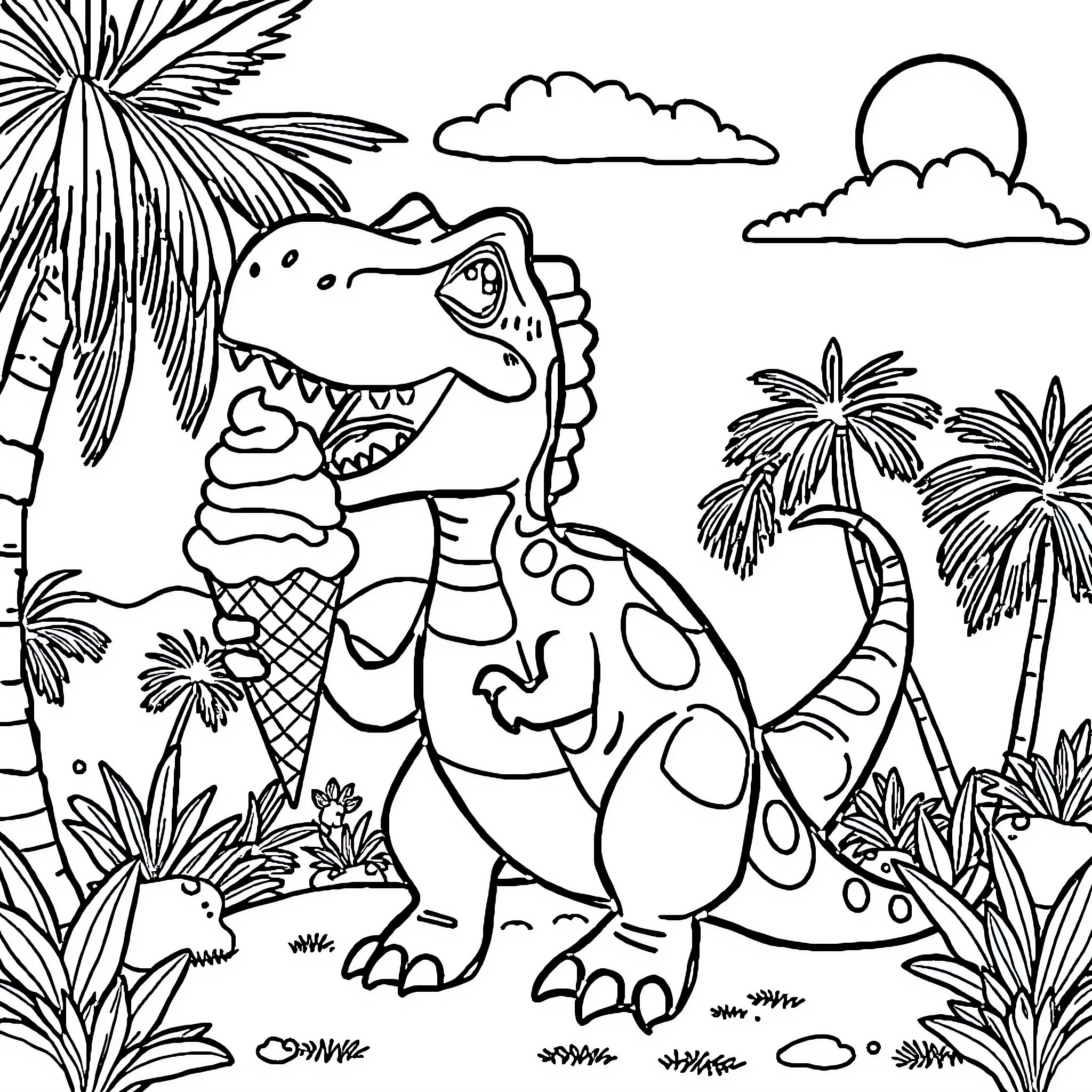 Dinosaur enjoying tropical landscape Coloring Page (free black-and-white line drawing printable PDF for all, from beginners to advanced learners, including children, teens, adults, and seniors)