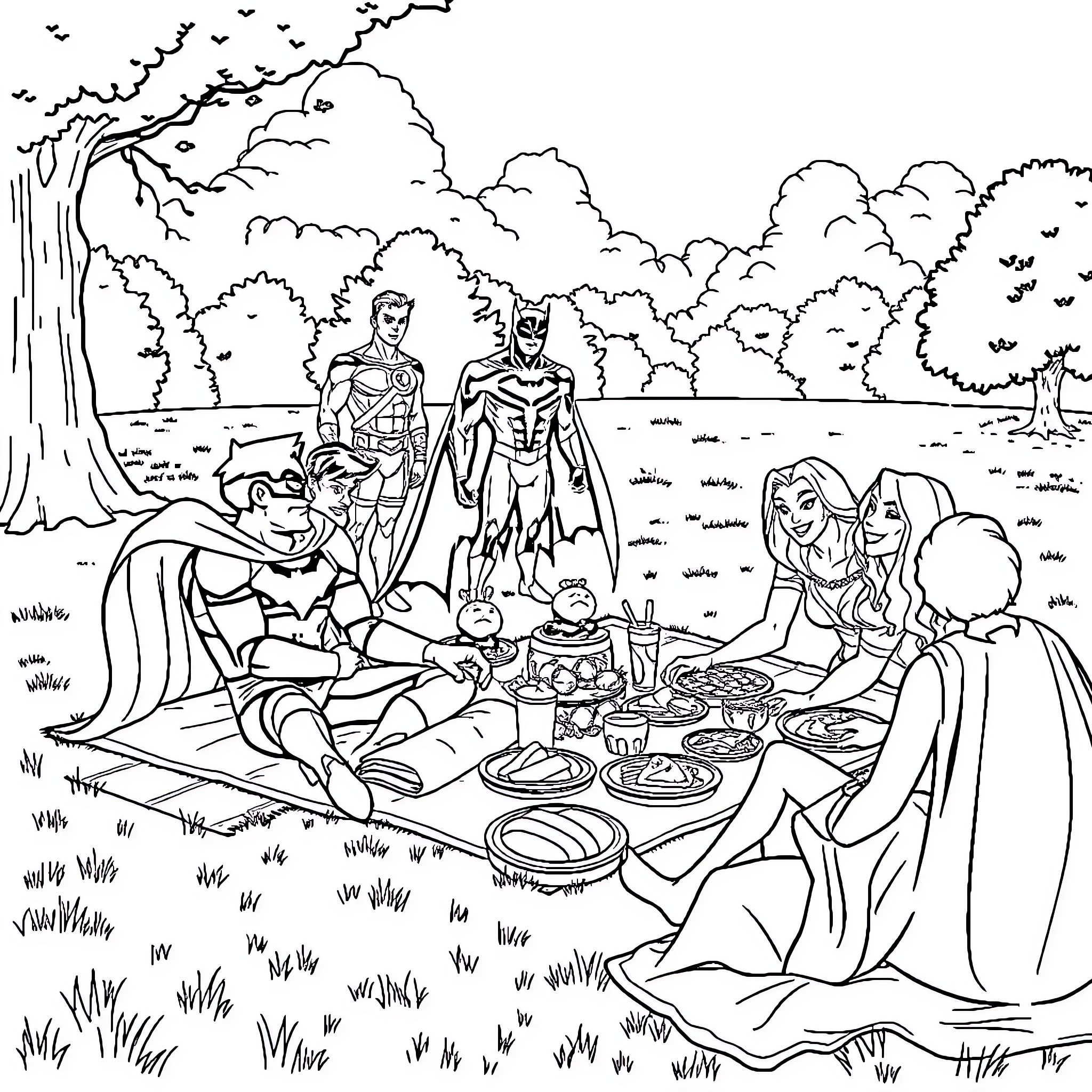 Superheroes enjoying a picnic in the park Coloring Page (free black-and-white line drawing printable PDF for all, from beginners to advanced learners, including children, teens, adults, and seniors)