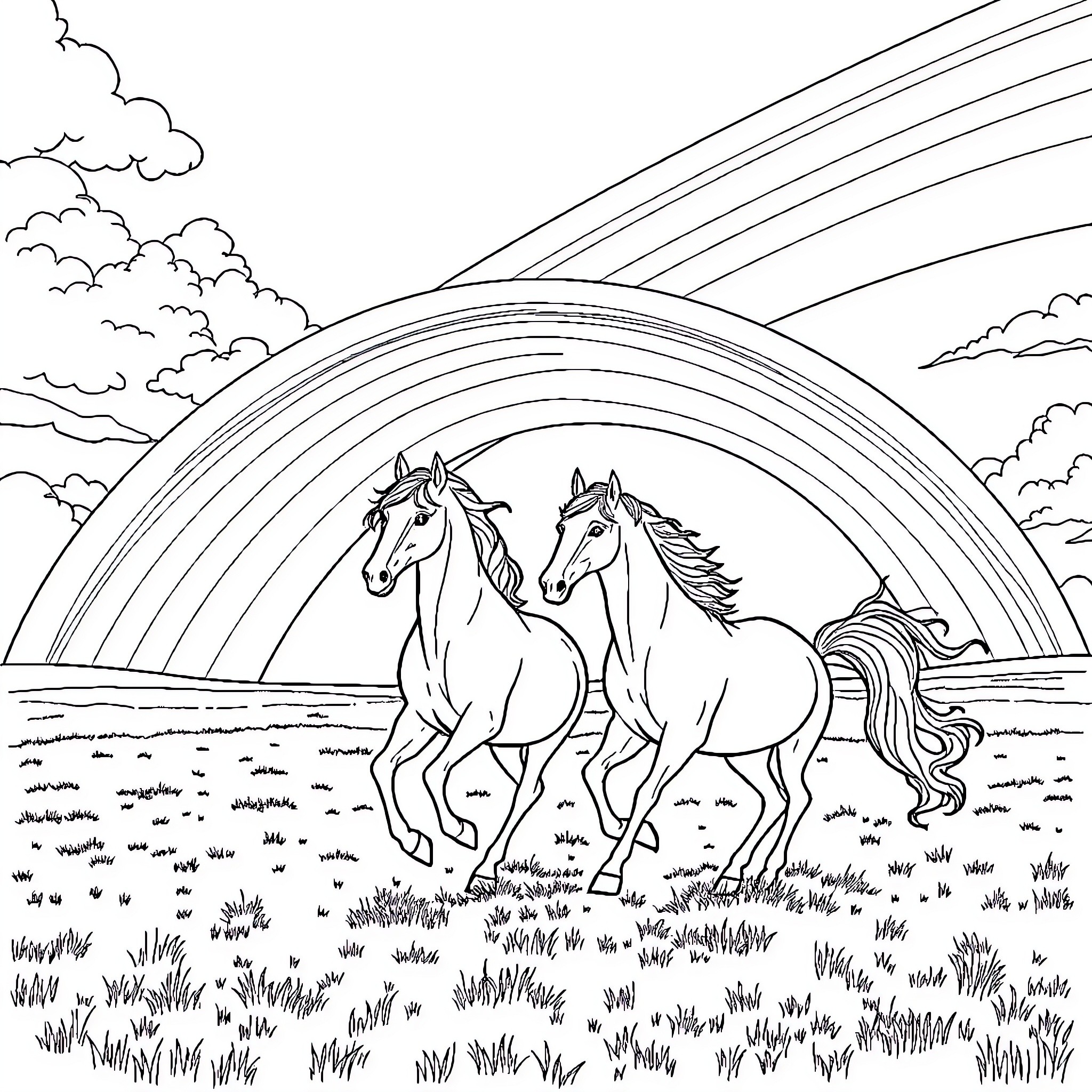 Horse Pair Running Freely Under Rainbow Skies Coloring Page (free black-and-white line drawing printable PDF for all, from beginners to advanced learners, including children, teens, adults, and seniors)