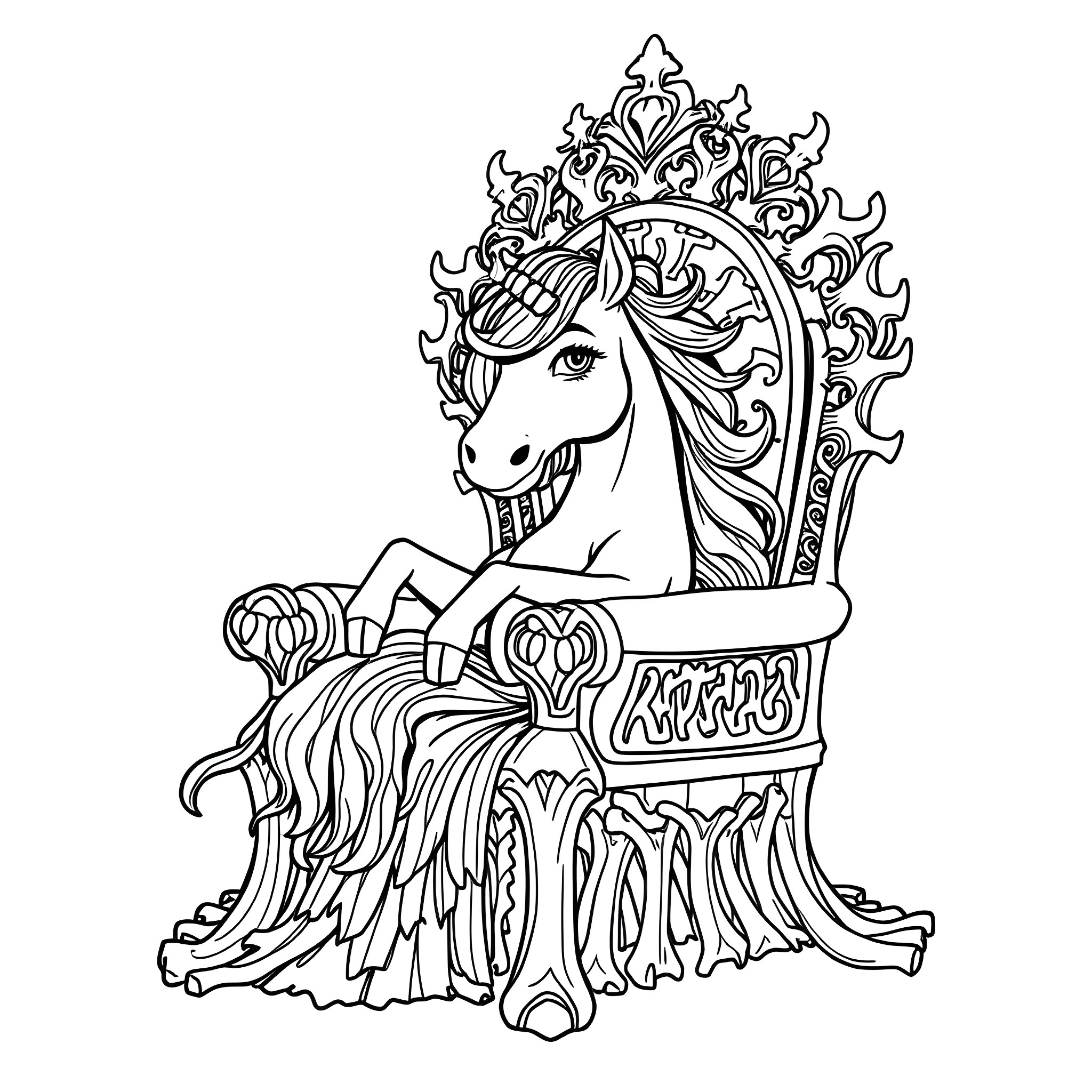 Unicorn sitting on a decorative throne Coloring Page (free black-and-white line drawing printable PDF for all, from beginners to advanced learners, including children, teens, adults, and seniors)