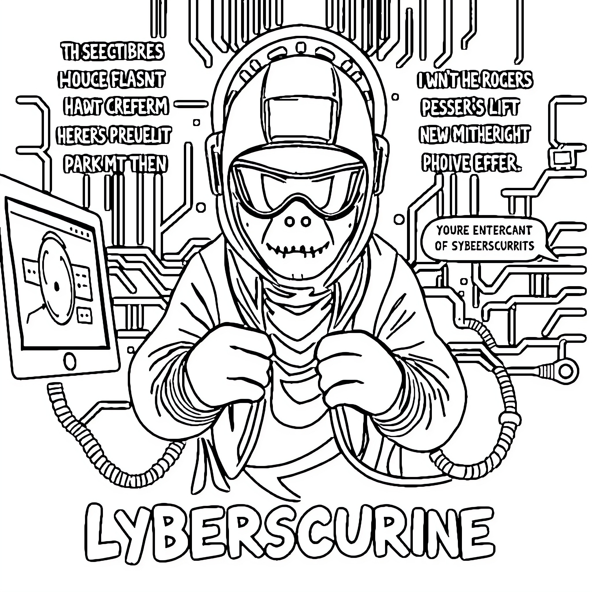 Cybersecurity Vigilante in Futuristic Attire Coloring Page (free black-and-white line drawing printable PDF for all, from beginners to advanced learners, including children, teens, adults, and seniors)