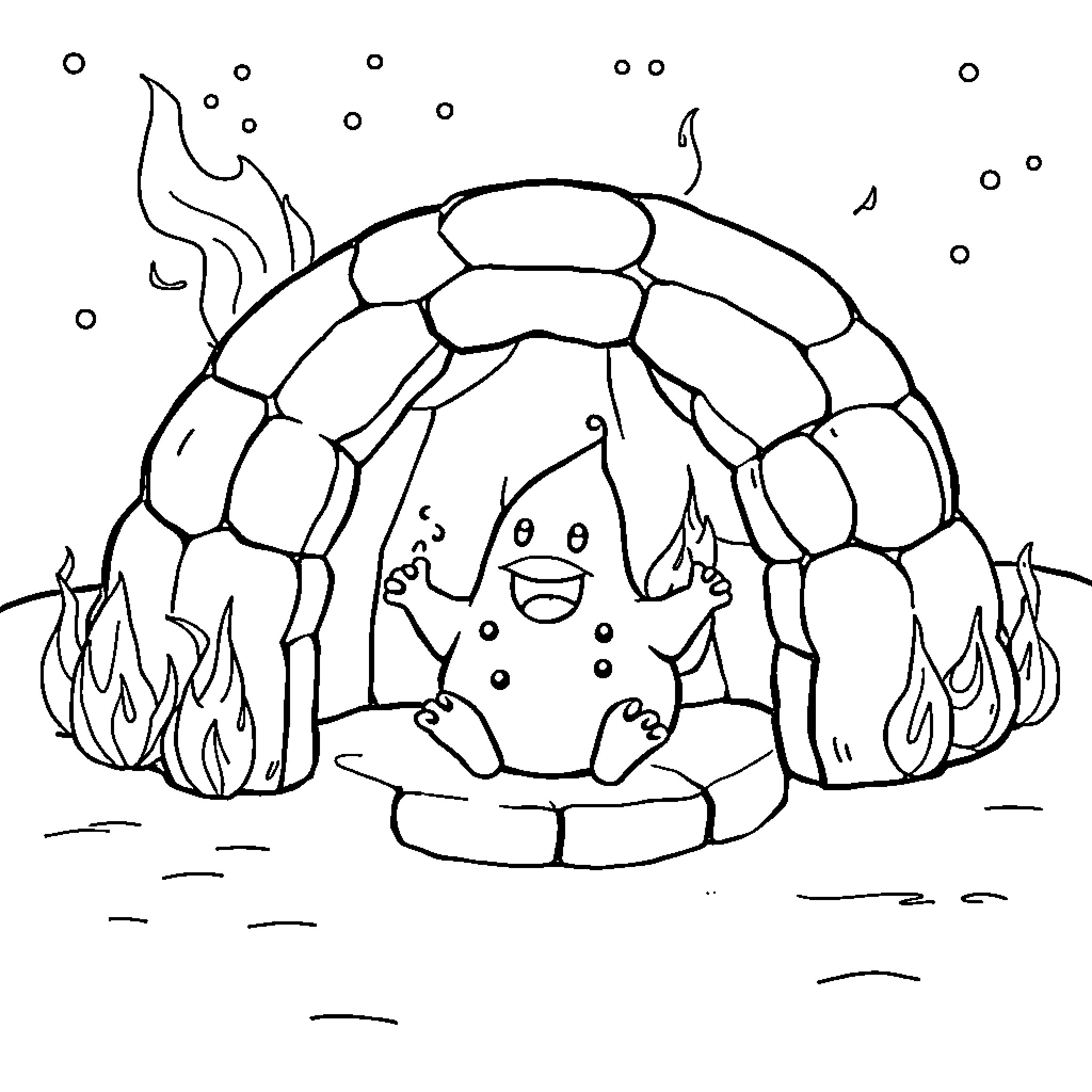 Barbapapa enjoying a cozy fire in its igloo home Coloring Page (free black-and-white line drawing printable PDF for all, from beginners to advanced learners, including children, teens, adults, and seniors)