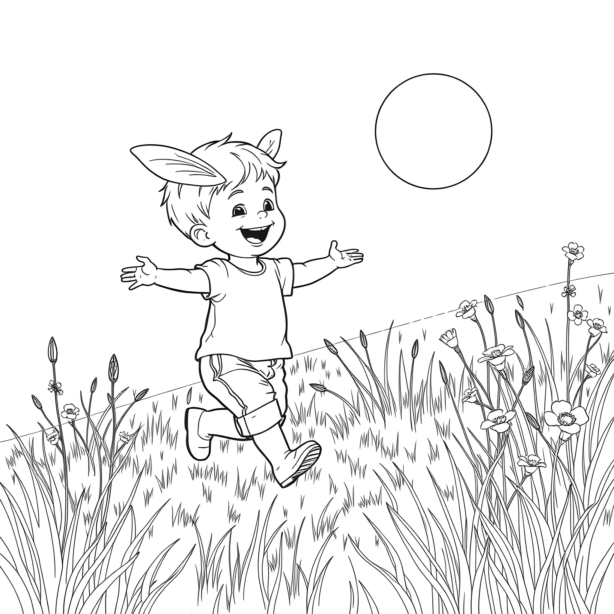 Baby Boy Joyfully Playing in the Meadow Coloring Page (free black-and-white line drawing printable PDF for all, from beginners to advanced learners, including children, teens, adults, and seniors)
