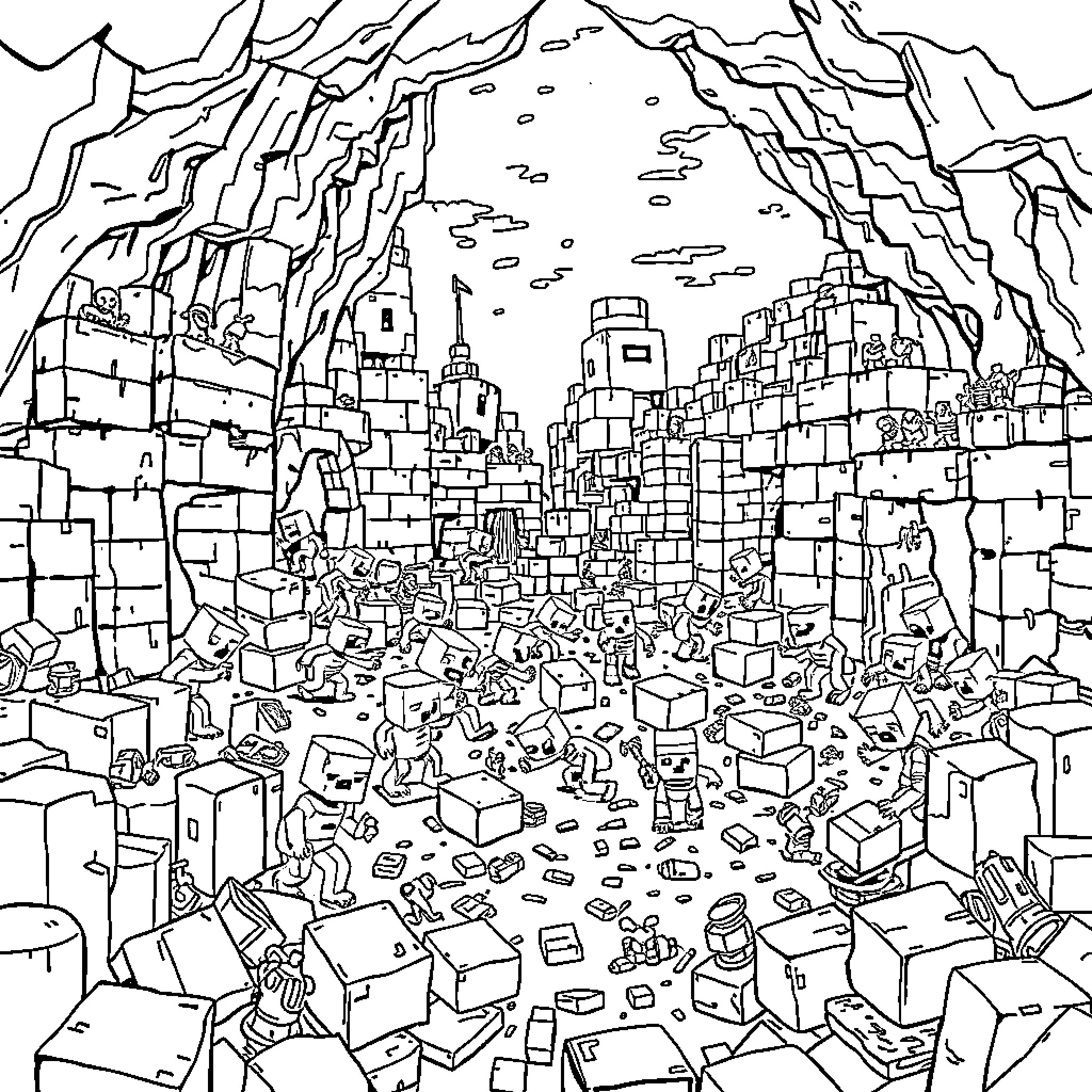 Zombie-Infested Post-Apocalyptic City Ruins Coloring Page (free black-and-white line drawing printable PDF for all, from beginners to advanced learners, including children, teens, adults, and seniors)