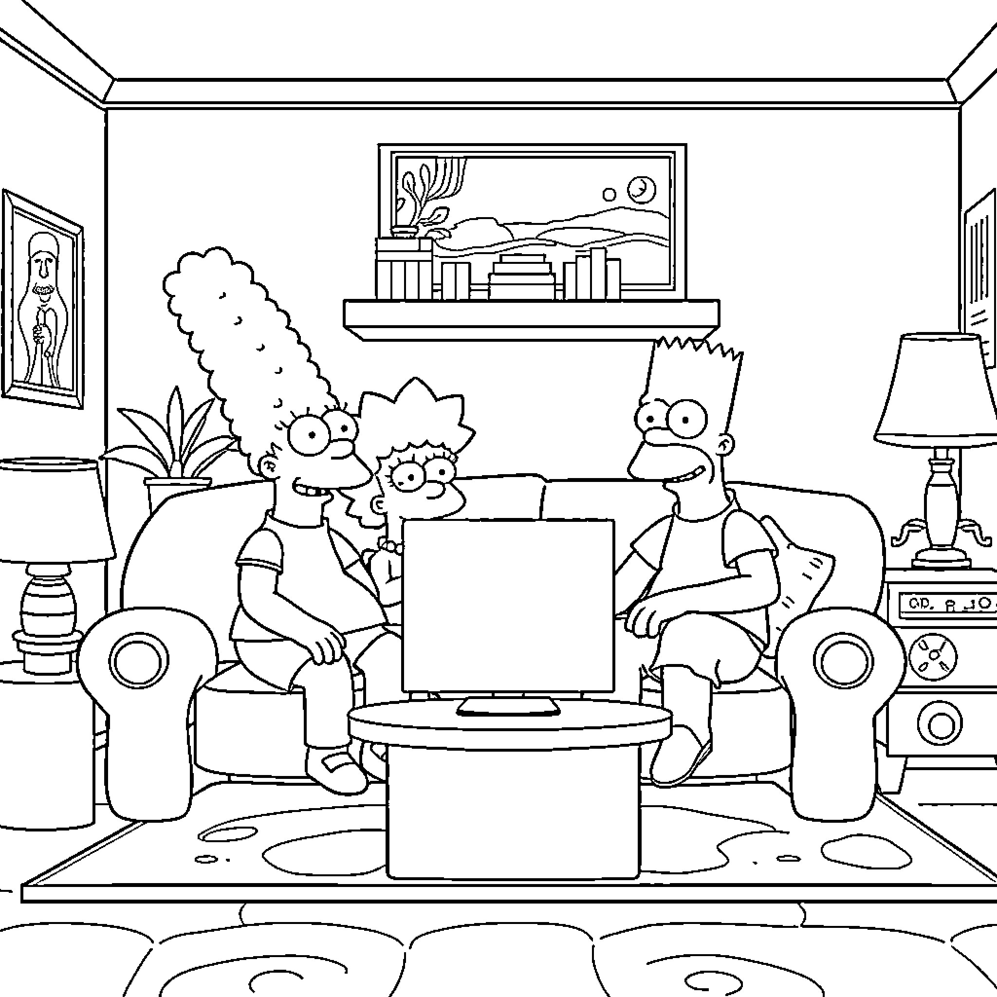 Simpson family enjoying a cozy evening at home Coloring Page (free black-and-white line drawing printable PDF for all, from beginners to advanced learners, including children, teens, adults, and seniors)