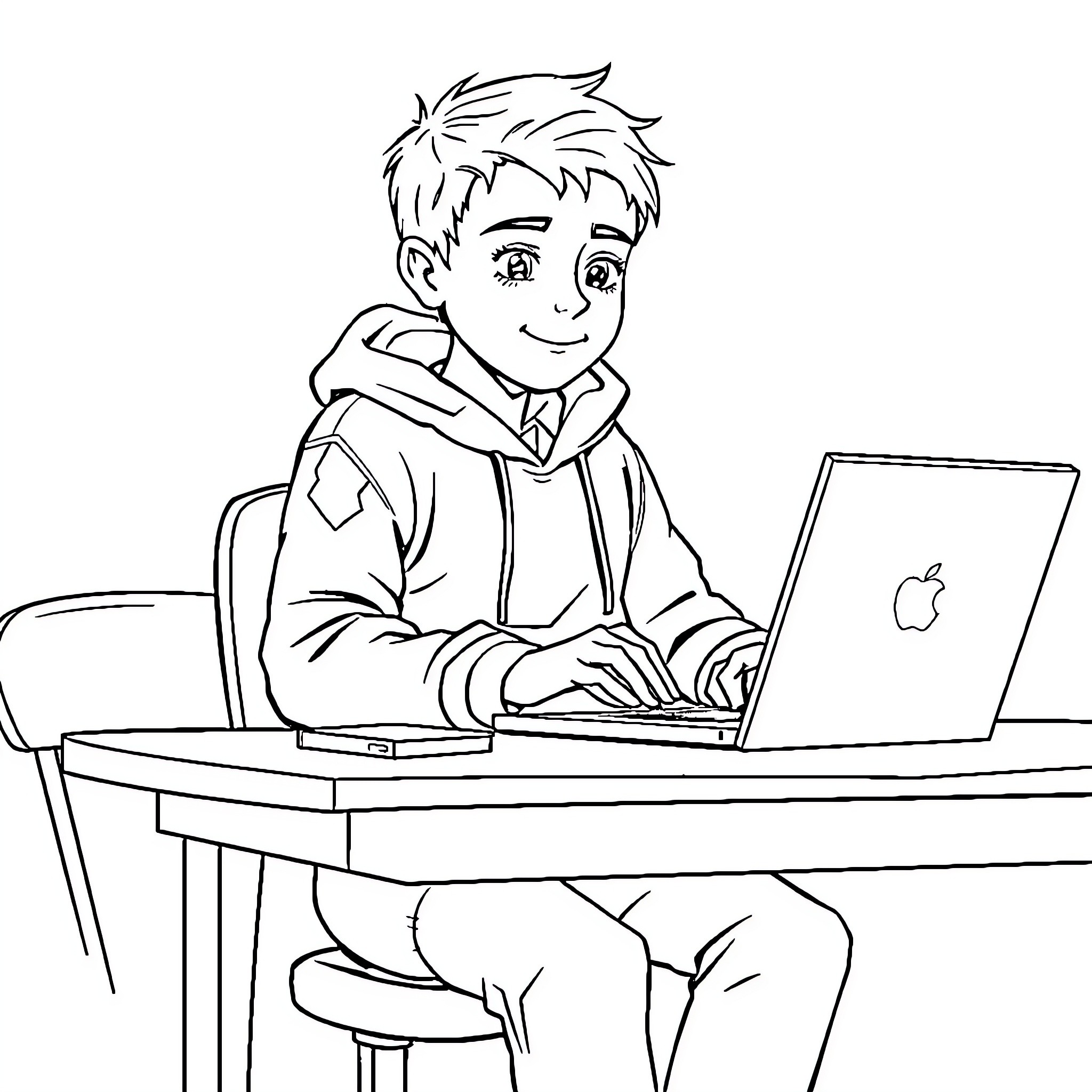 Boy working diligently on laptop at desk Coloring Page (free black-and-white line drawing printable PDF for all, from beginners to advanced learners, including children, teens, adults, and seniors)