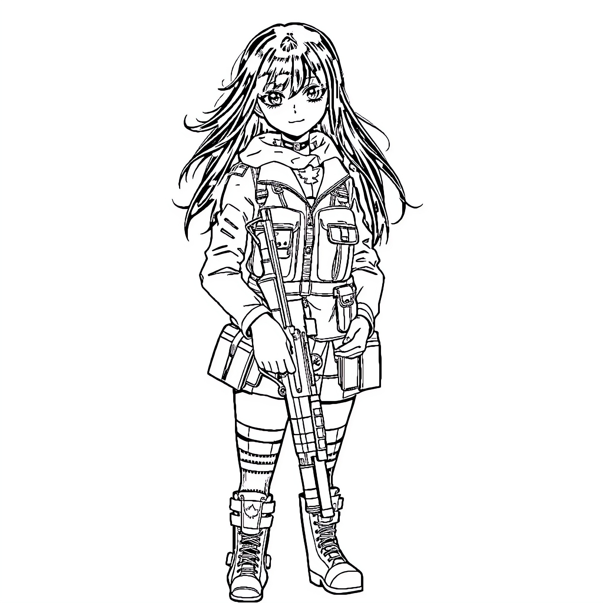 Girl in stylized military uniform with accessories Coloring Page (free black-and-white line drawing printable PDF for all, from beginners to advanced learners, including children, teens, adults, and seniors)