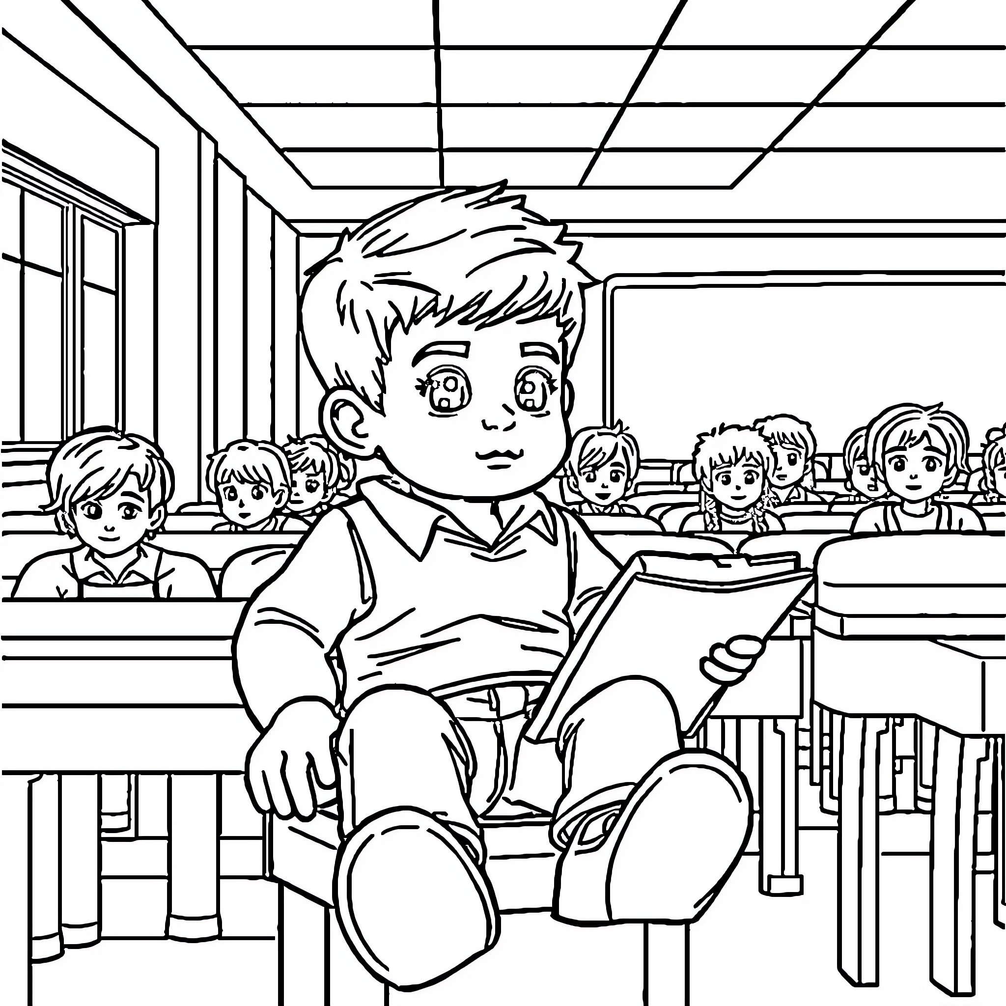 Child studying diligently in a classroom Coloring Page (free black-and-white line drawing printable PDF for all, from beginners to advanced learners, including children, teens, adults, and seniors)