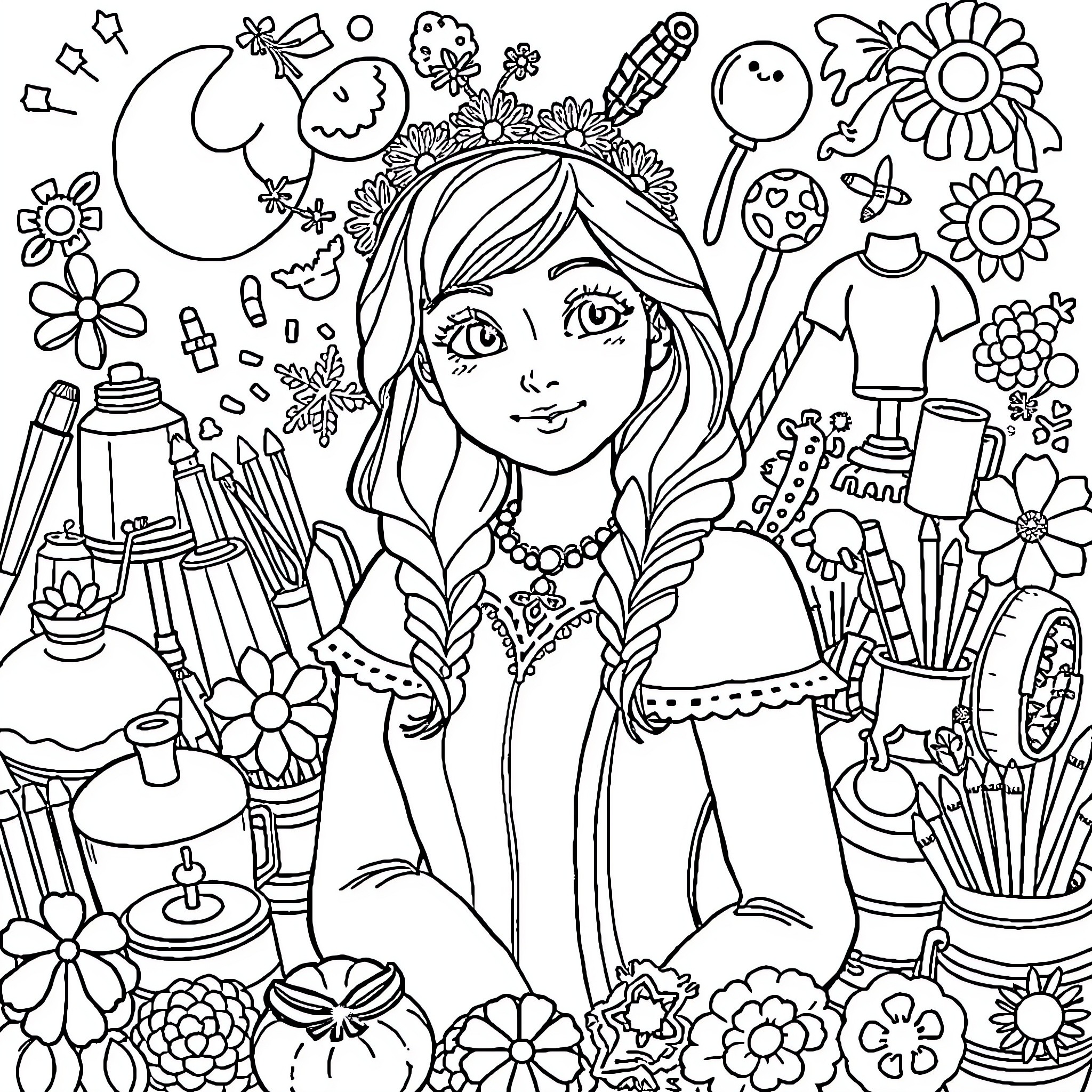 Anna's Artful Imagination Coloring Page (free black-and-white line drawing printable PDF for all, from beginners to advanced learners, including children, teens, adults, and seniors)