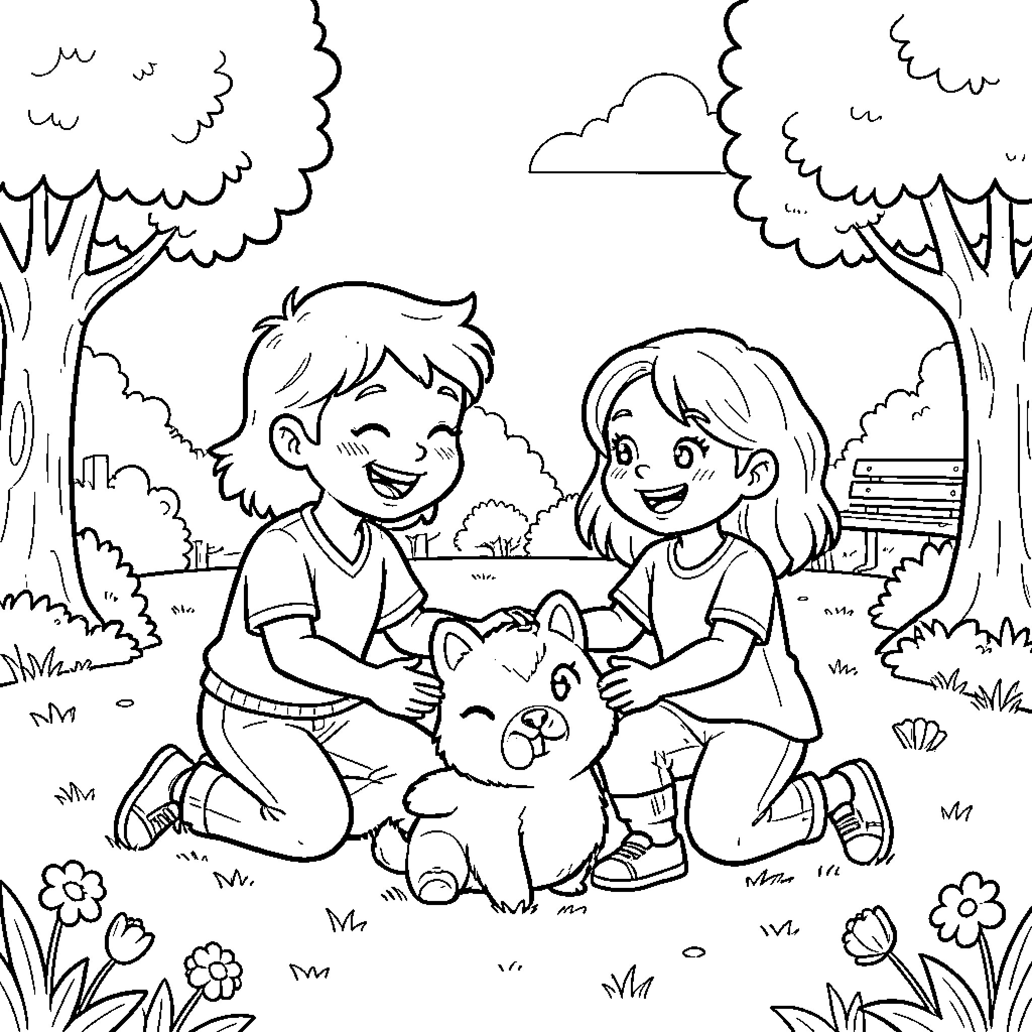 Patting a cute puppy in a sunny park Coloring Page (free black-and-white line drawing printable PDF for all, from beginners to advanced learners, including children, teens, adults, and seniors)
