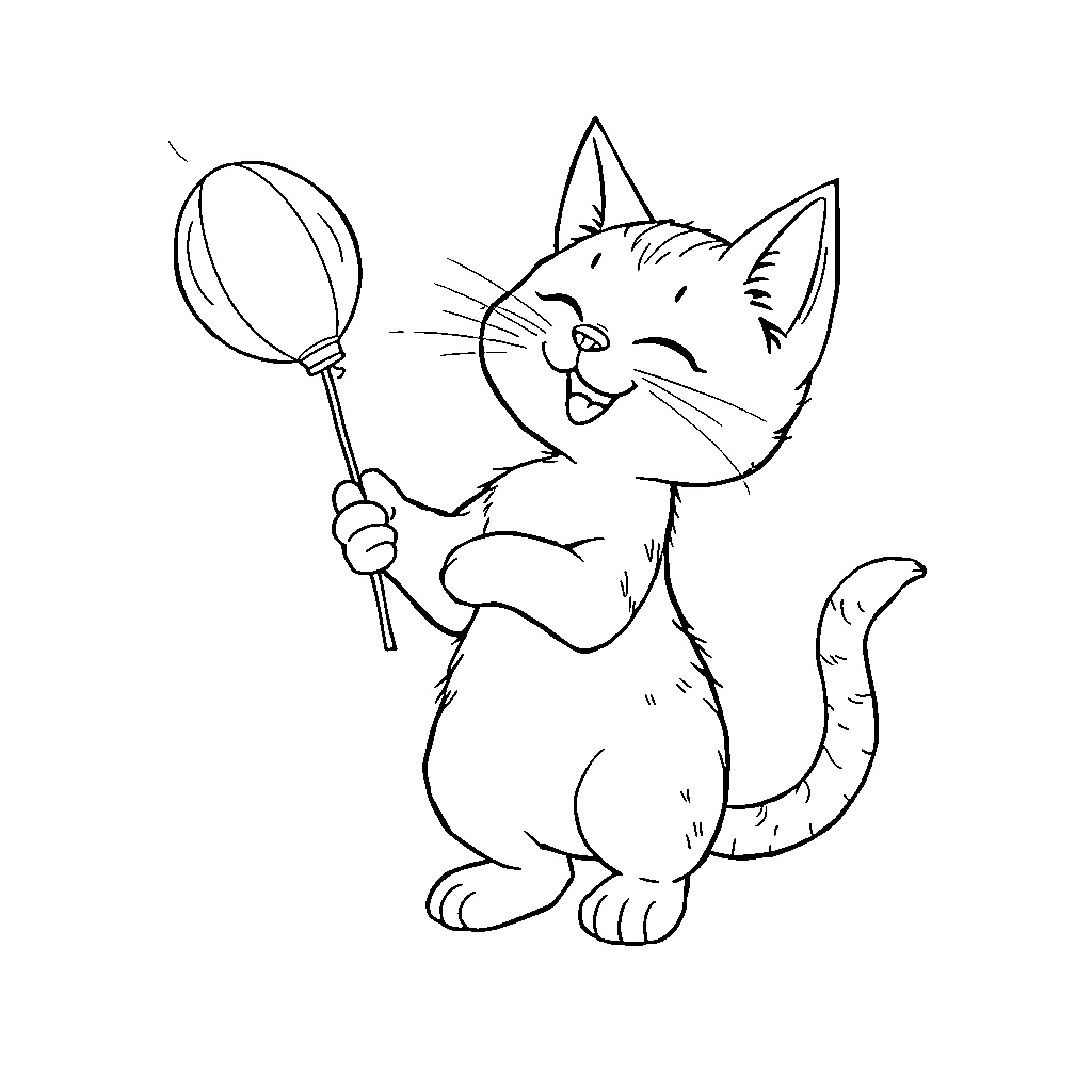 Cat playing with net Coloring Page (free black-and-white line drawing printable PDF for all, from beginners to advanced learners, including children, teens, adults, and seniors)