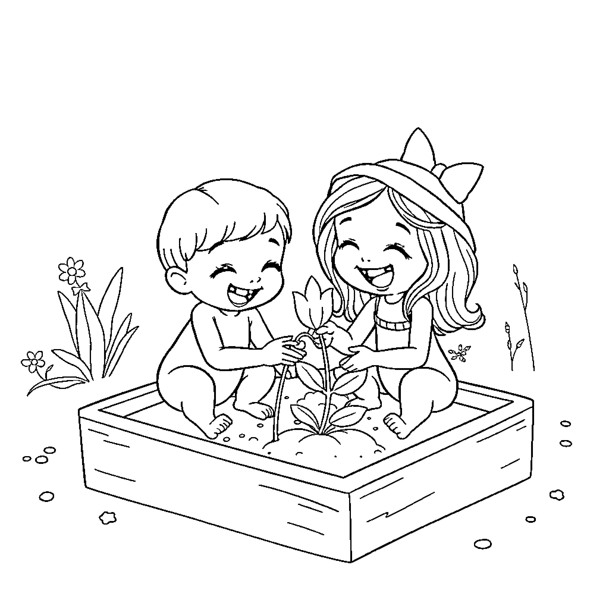 Lettuce garden fun with friends Coloring Page (free black-and-white line drawing printable PDF for all, from beginners to advanced learners, including children, teens, adults, and seniors)