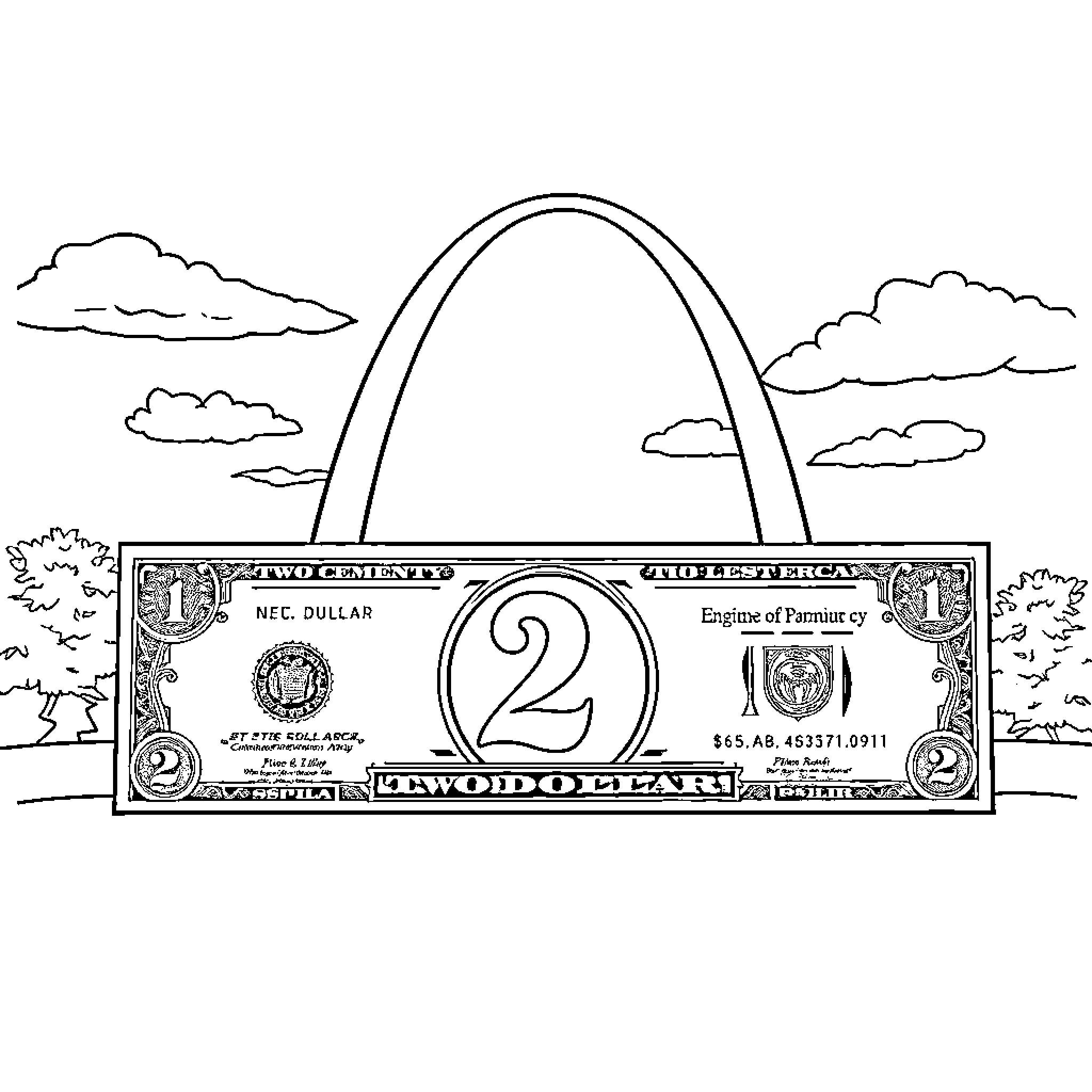 Dollar Bill Transforming into Arch Structure Coloring Page (free black-and-white line drawing printable PDF for all, from beginners to advanced learners, including children, teens, adults, and seniors)
