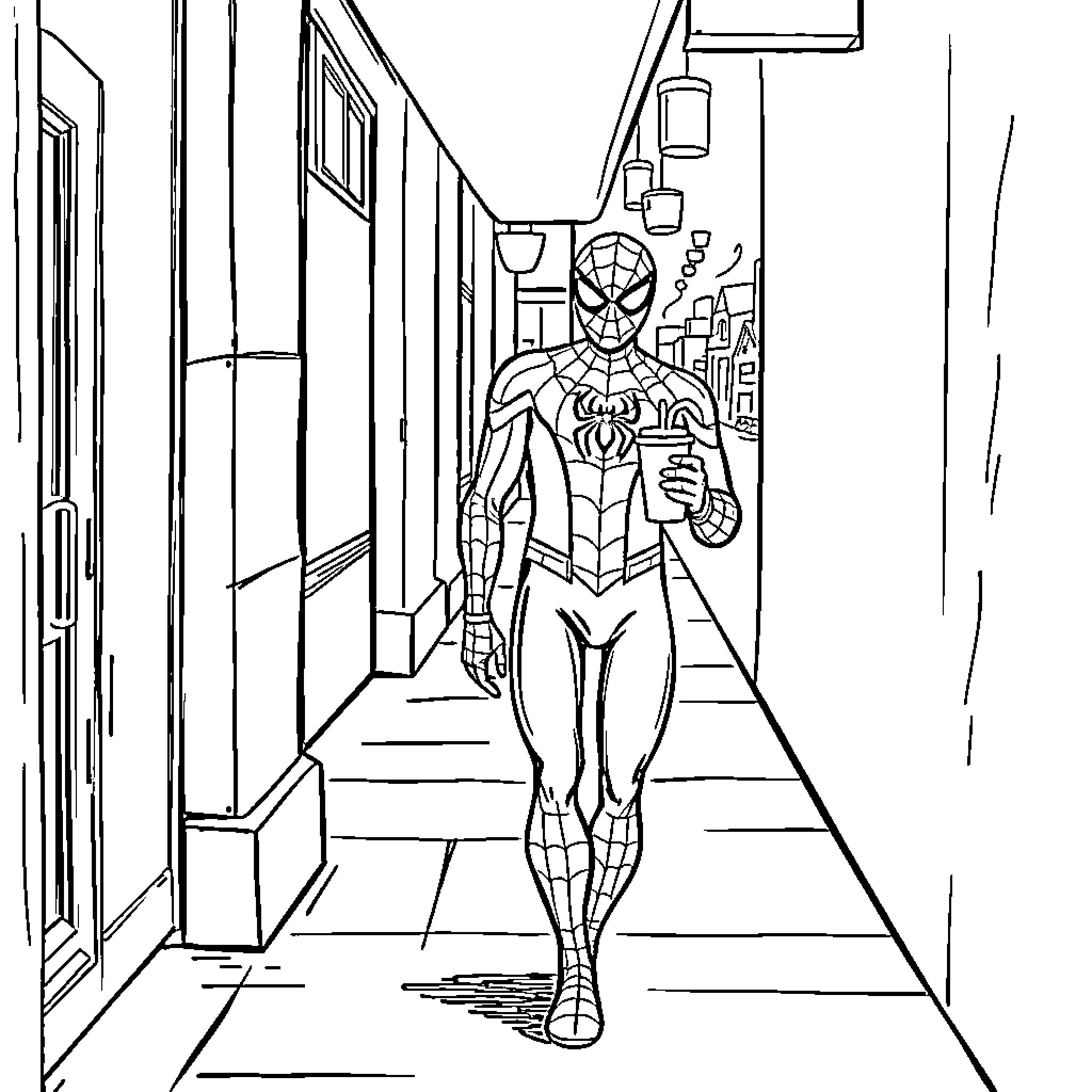 Spiderman swinging through a city hallway Coloring Page (free black-and-white line drawing printable PDF for all, from beginners to advanced learners, including children, teens, adults, and seniors)