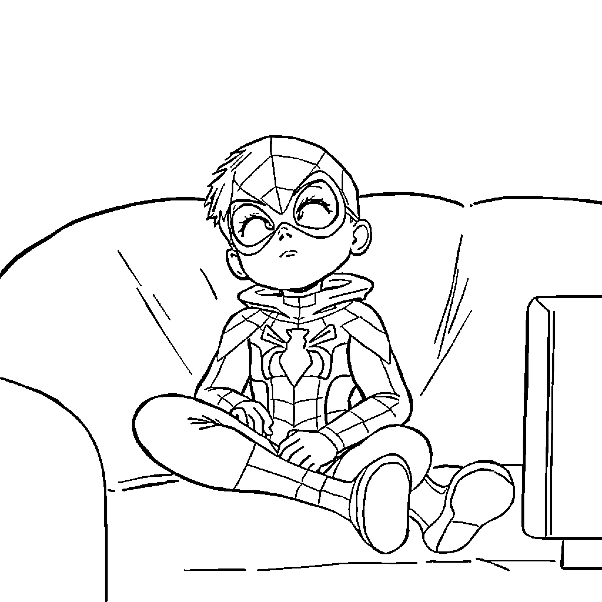 Spider-Man Relaxing on the Couch Coloring Page (free black-and-white line drawing printable PDF for all, from beginners to advanced learners, including children, teens, adults, and seniors)