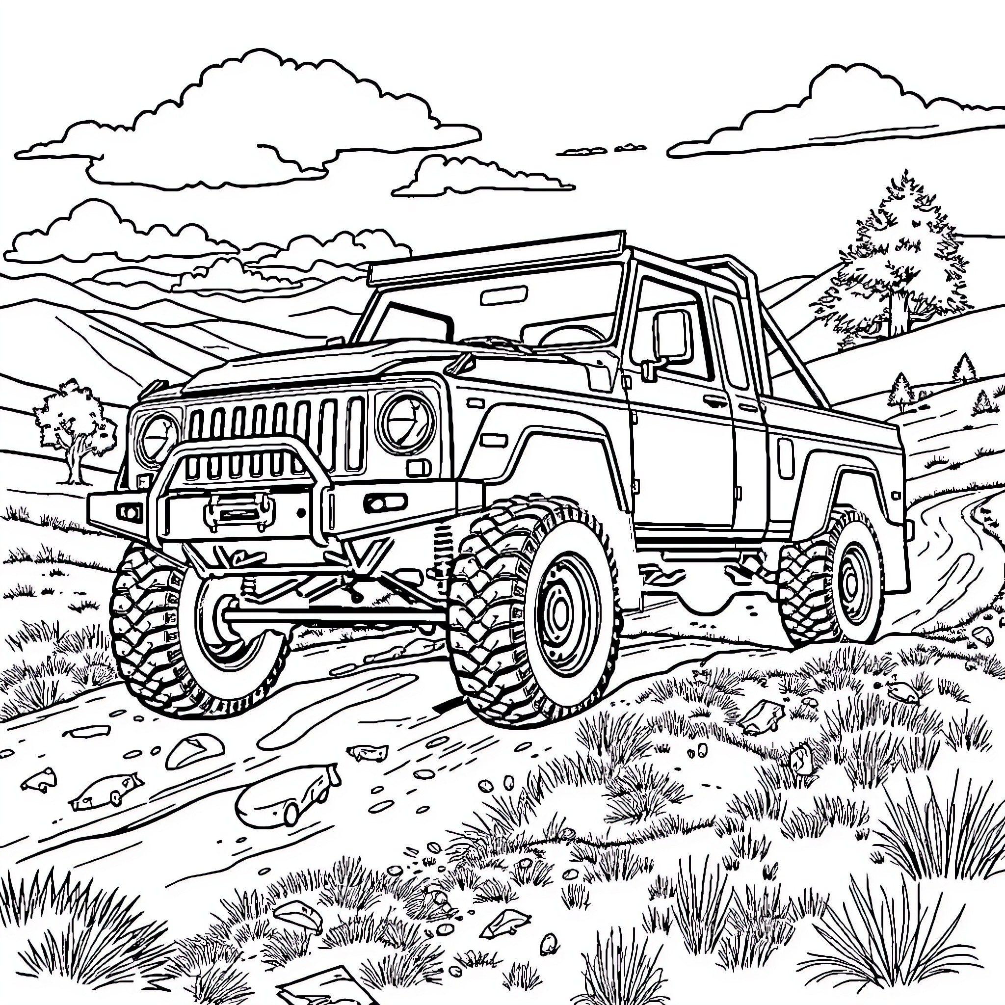 Truck off-roading through rugged landscape Coloring Page (free black-and-white line drawing printable PDF for all, from beginners to advanced learners, including children, teens, adults, and seniors)