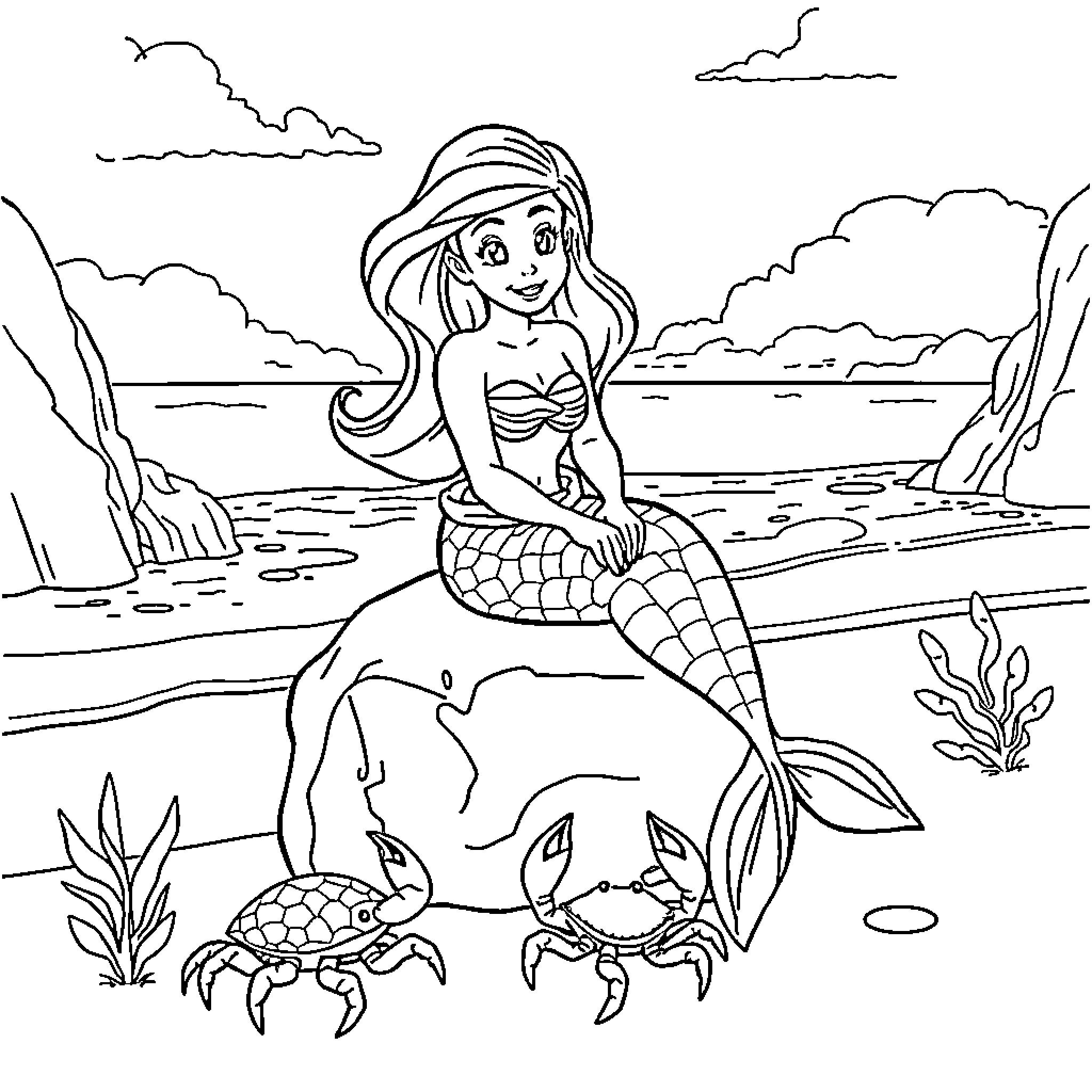 Mermaid relaxing by the sea with sea creatures Coloring Page (free black-and-white line drawing printable PDF for all, from beginners to advanced learners, including children, teens, adults, and seniors)