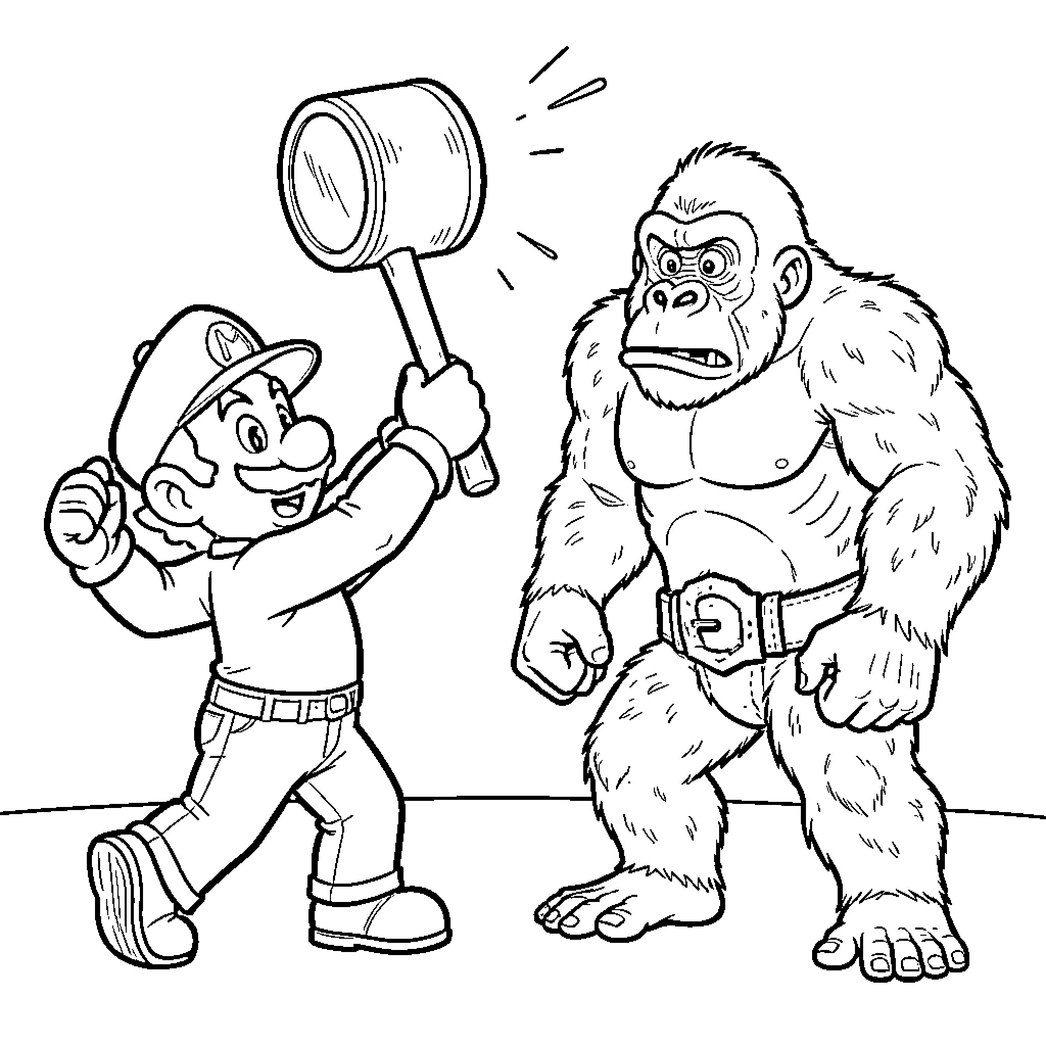 Mario Confronting a Fearsome Gorilla Coloring Page (free black-and-white line drawing printable PDF for all, from beginners to advanced learners, including children, teens, adults, and seniors)