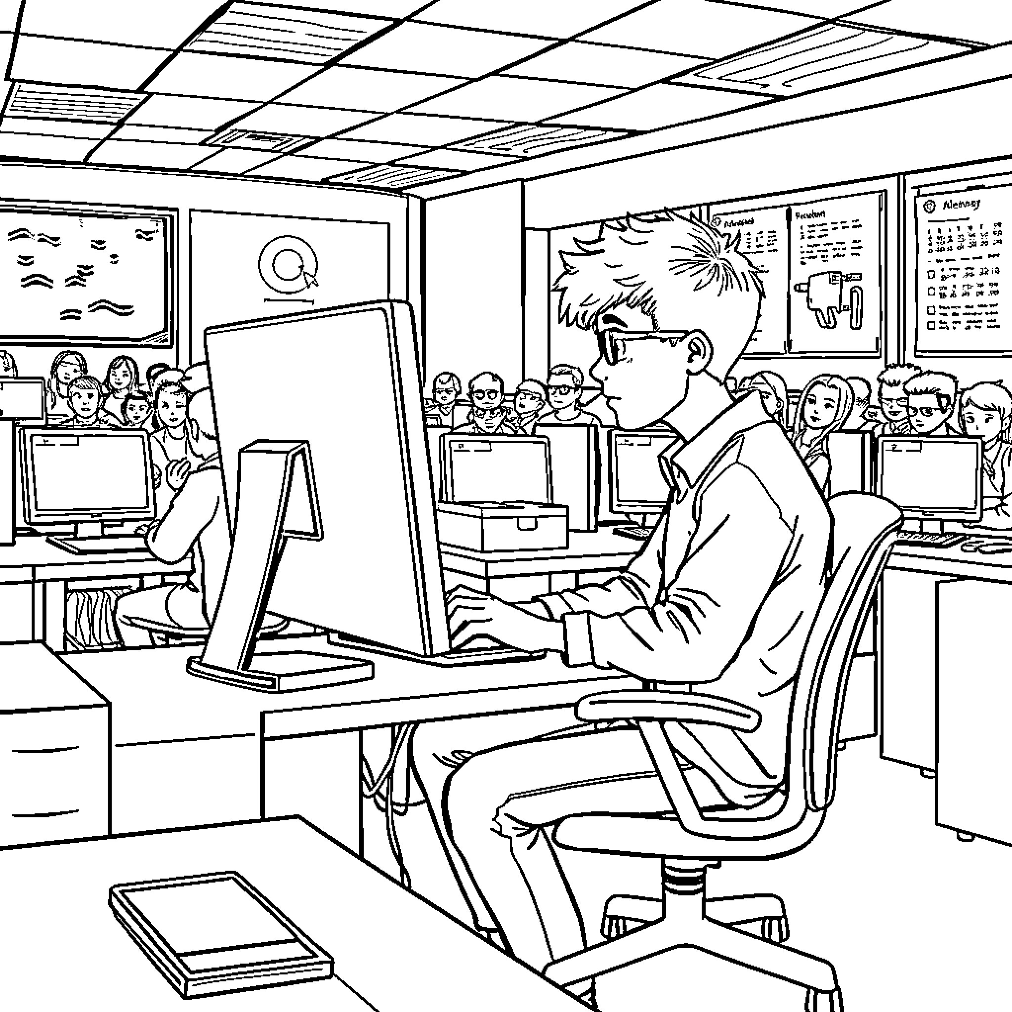 Boy working diligently at computer in classroom Coloring Page (free black-and-white line drawing printable PDF for all, from beginners to advanced learners, including children, teens, adults, and seniors)