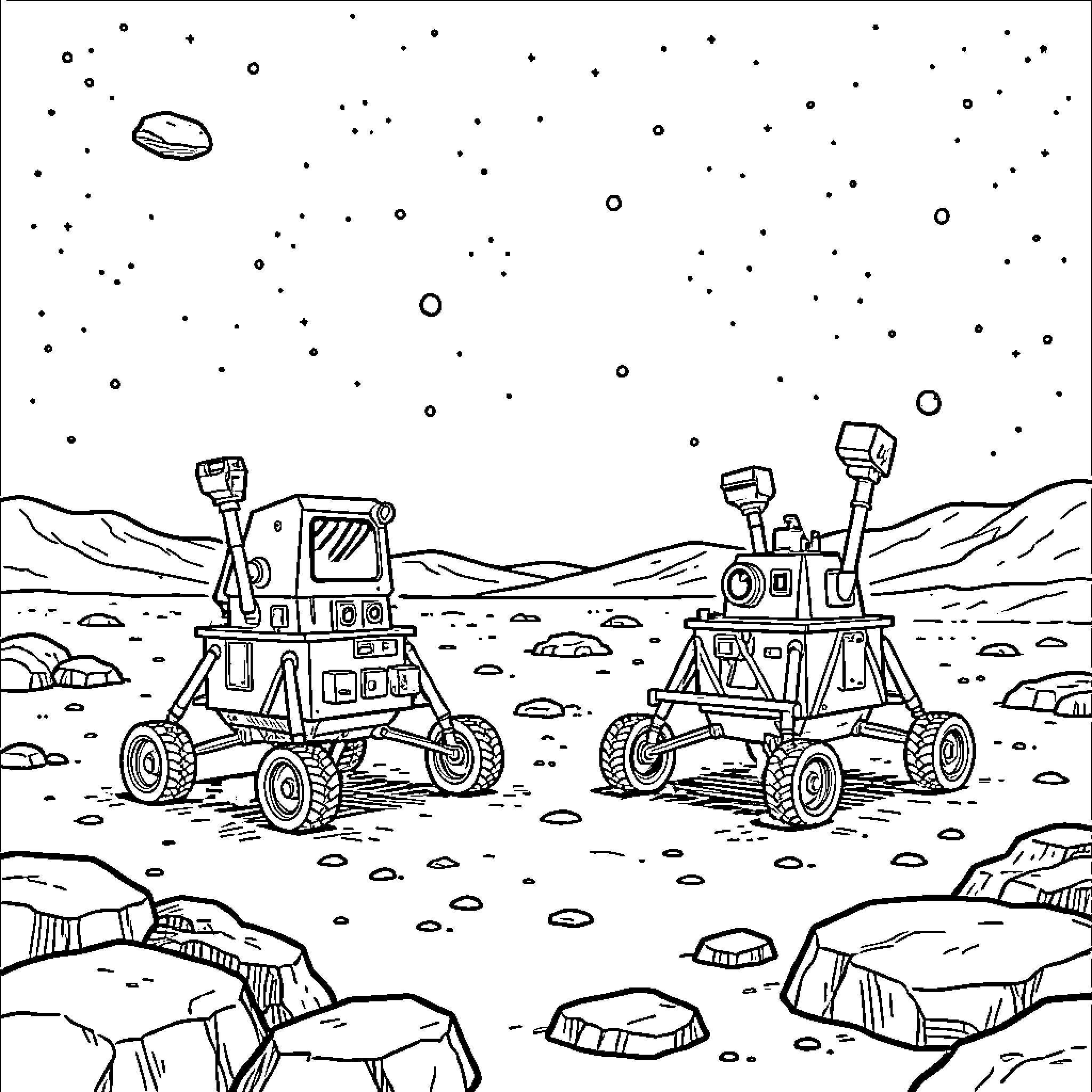 Mars Rovers Exploring the Alien Landscape Coloring Page (free black-and-white line drawing printable PDF for all, from beginners to advanced learners, including children, teens, adults, and seniors)