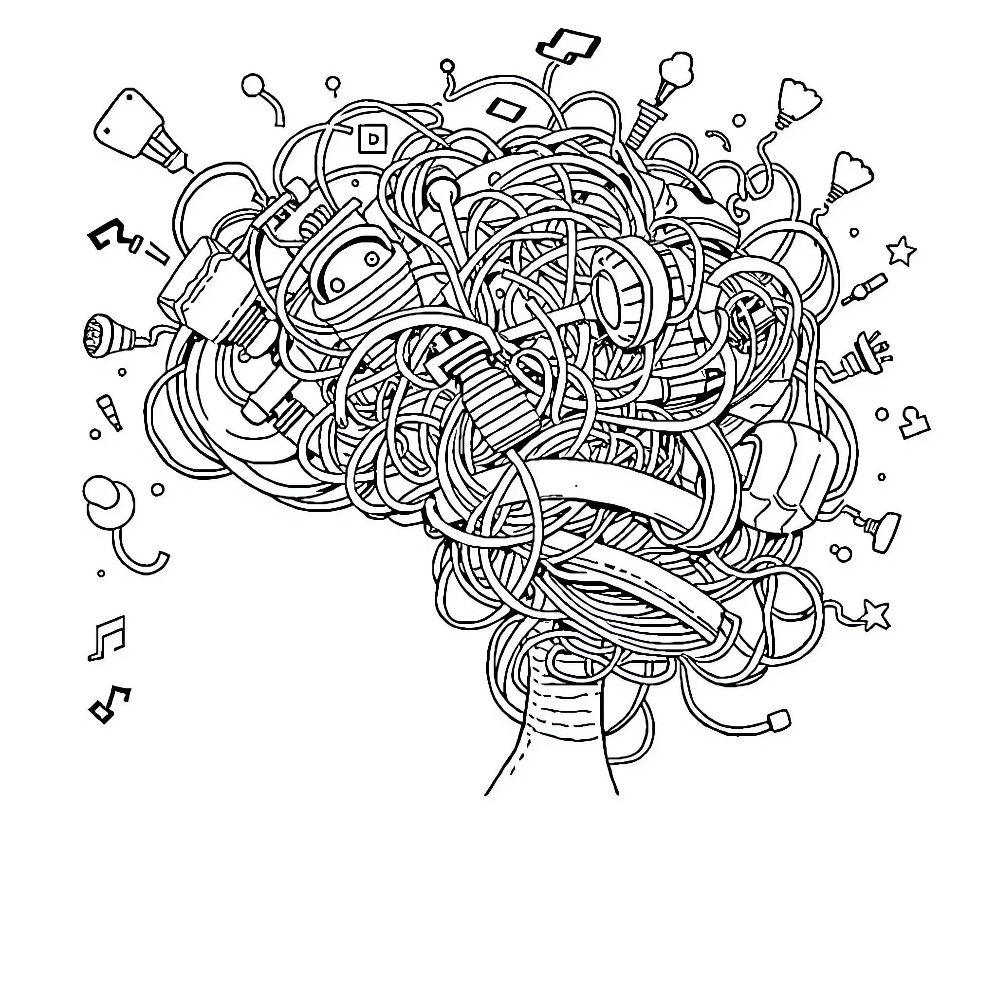 Brainrot - Chaotic Thoughts and Gadgets Coloring Page (free black-and-white line drawing printable PDF for all, from beginners to advanced learners, including children, teens, adults, and seniors)