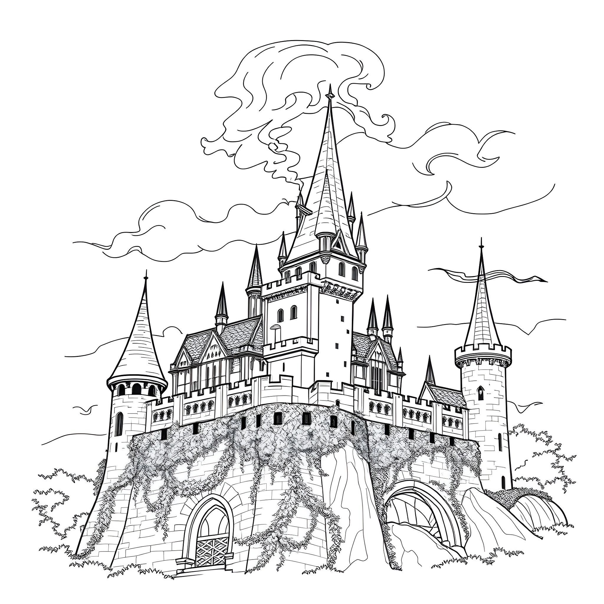 Castle with Intricate Architecture and Cloudy Skies Coloring Page (free black-and-white line drawing printable PDF for all, from beginners to advanced learners, including children, teens, adults, and seniors)