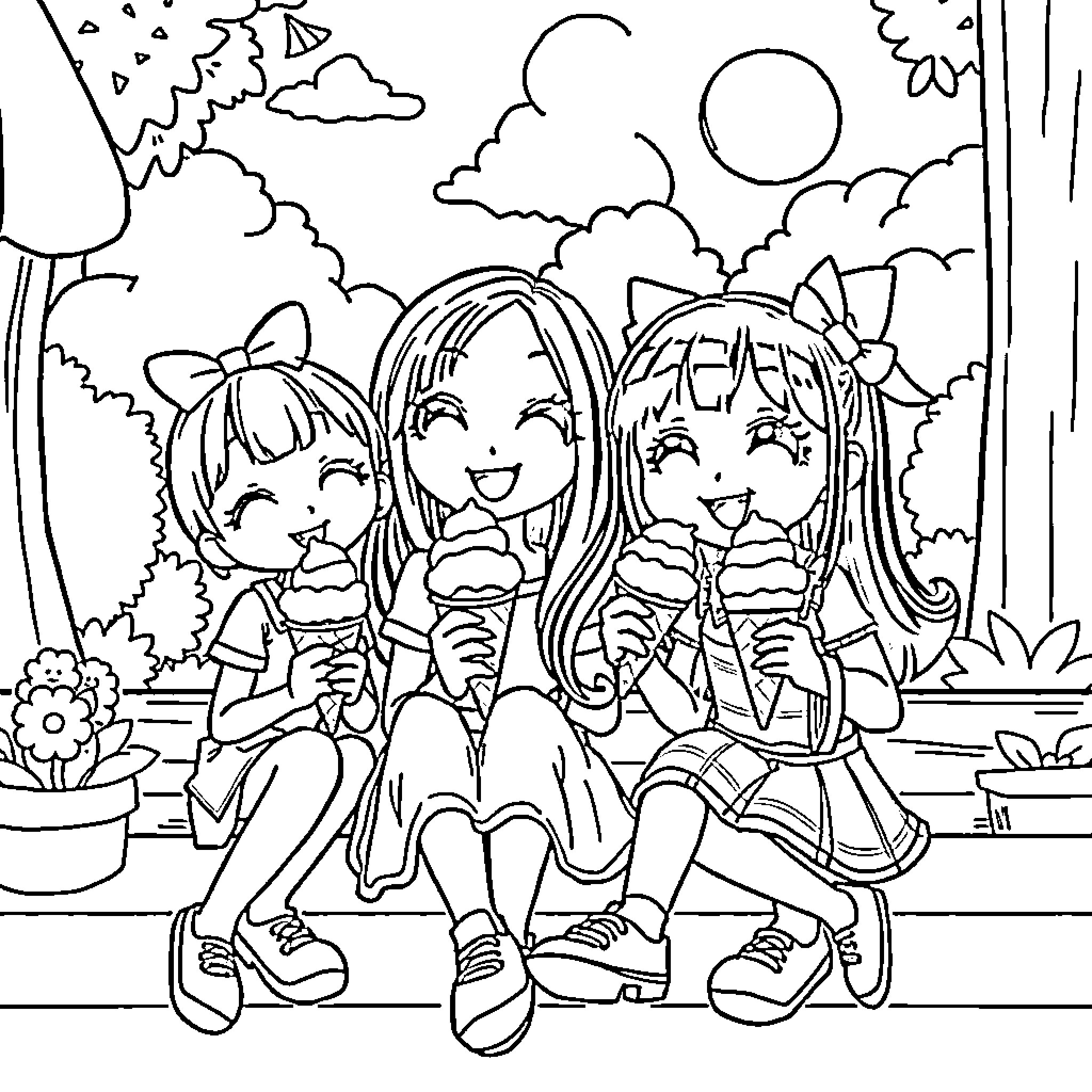 Mira's Cheerful Outing with Friends Coloring Page (free black-and-white line drawing printable PDF for all, from beginners to advanced learners, including children, teens, adults, and seniors)